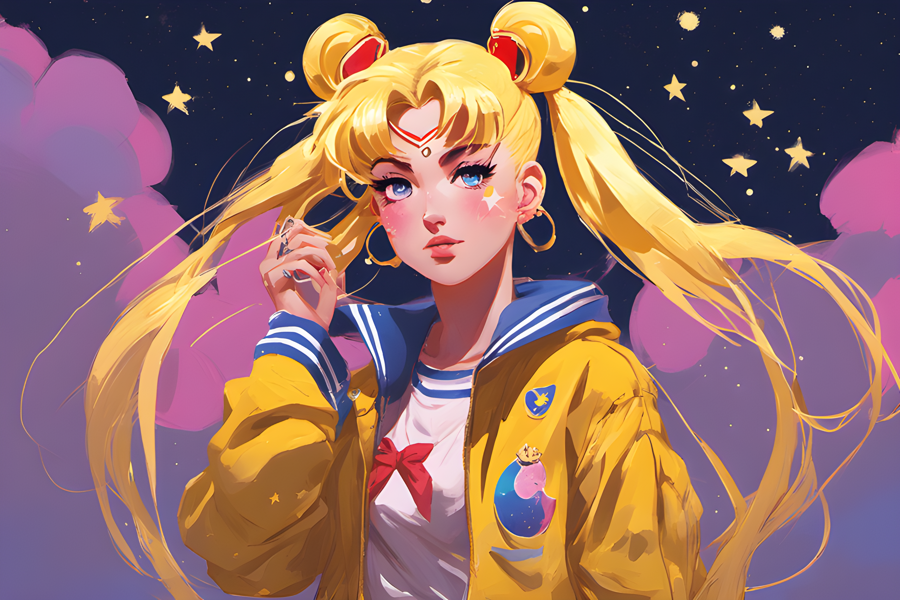 Anime 3072x2048 Sailor Moon Sailor Moon (Character) AI art Stable Diffusion anime girls blonde french braided pigtails stars twintails looking at viewer blue eyes earring hoop earrings jacket digital art