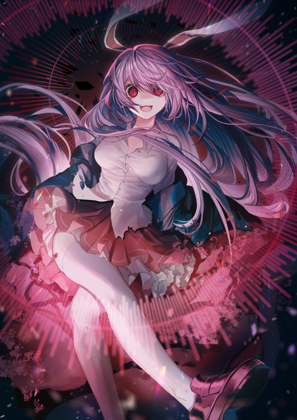 Anime 1000x1415 anime anime girls portrait display sitting Reisen Udongein Inaba Touhou looking at viewer long hair open mouth stockings bunny girl bunny ears