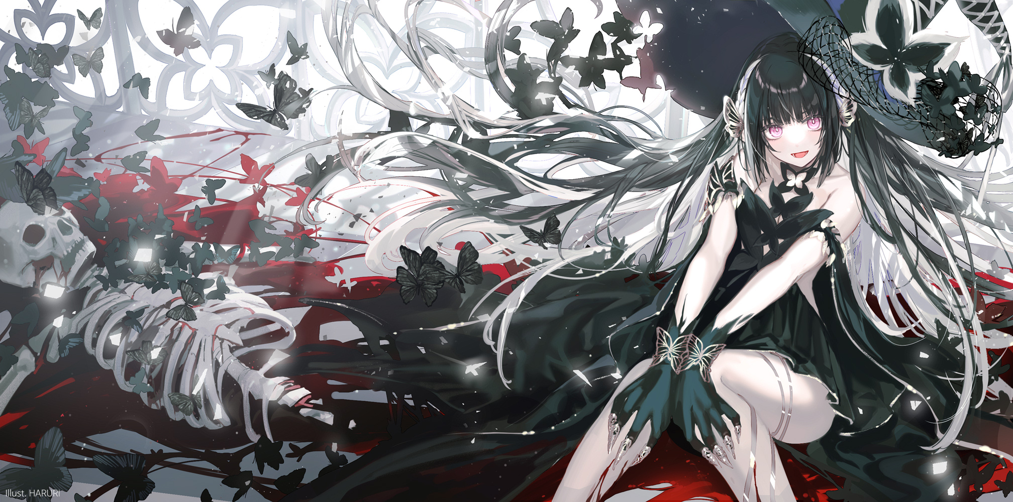 Anime 2016x1000 anime anime girls long hair gloves looking at viewer hat skeleton butterfly watermarked dress blood bones twintails two tone hair