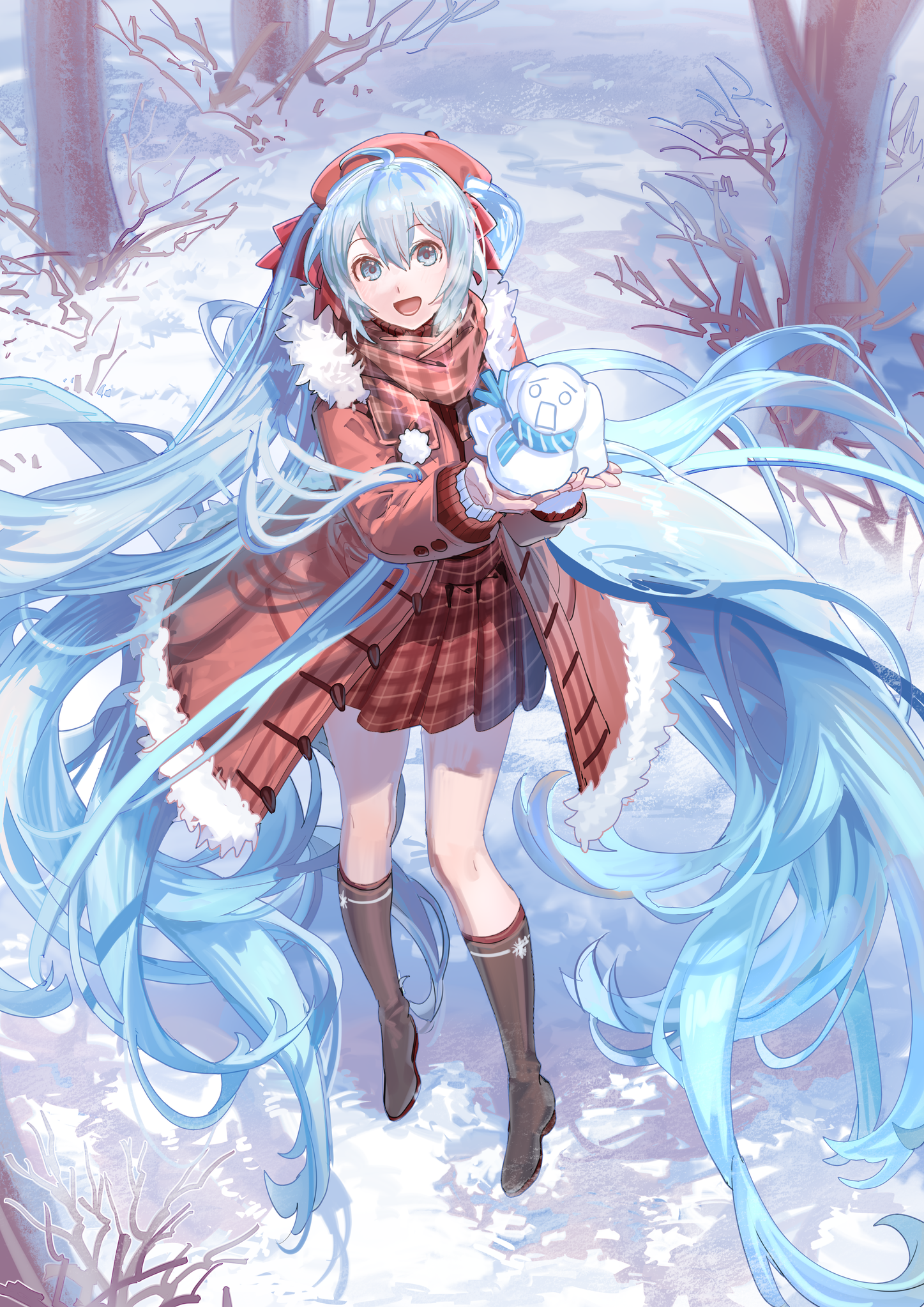 Anime 1447x2046 anime Pixiv anime girls standing long hair twintails blue hair blue eyes looking at viewer snow open mouth scarf jacket snowman trees portrait display skirt frills hat Shuno (artist)