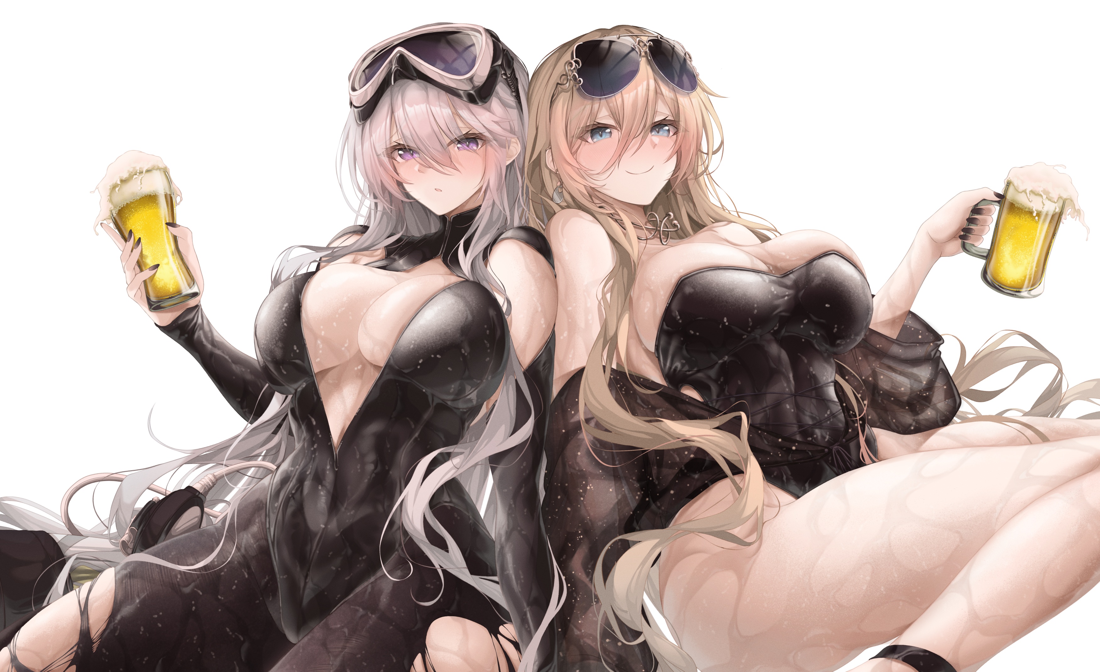 Anime 3500x2139 Azur Lane two women anime girls huge breasts looking at viewer blushing swimming goggles beer swimwear beer mugs cleavage black swimsuit simple background thighs white background smiling wet swimsuit wet body gray hair torn clothes blonde torn pantyhose bare shoulders sunglasses one-piece swimsuit drink long hair diving suits purple eyes blue eyes Enterprise (Azur Lane) wet Bismarck (Azur Lane) cup scuba diving pantyhose alcohol black pantyhose