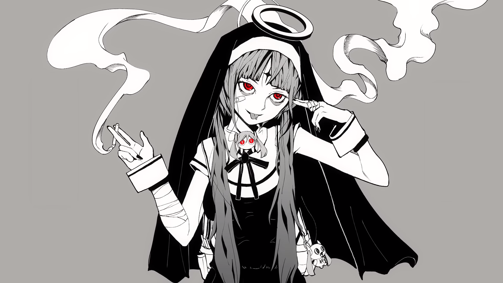 Anime 1920x1080 Hatsune Miku halo simple background dark minimalism tongue out pierced tongue Vocaloid anime girls smoke gray background nuns nun outfit cigarettes band-aid PinnochioP red eyes