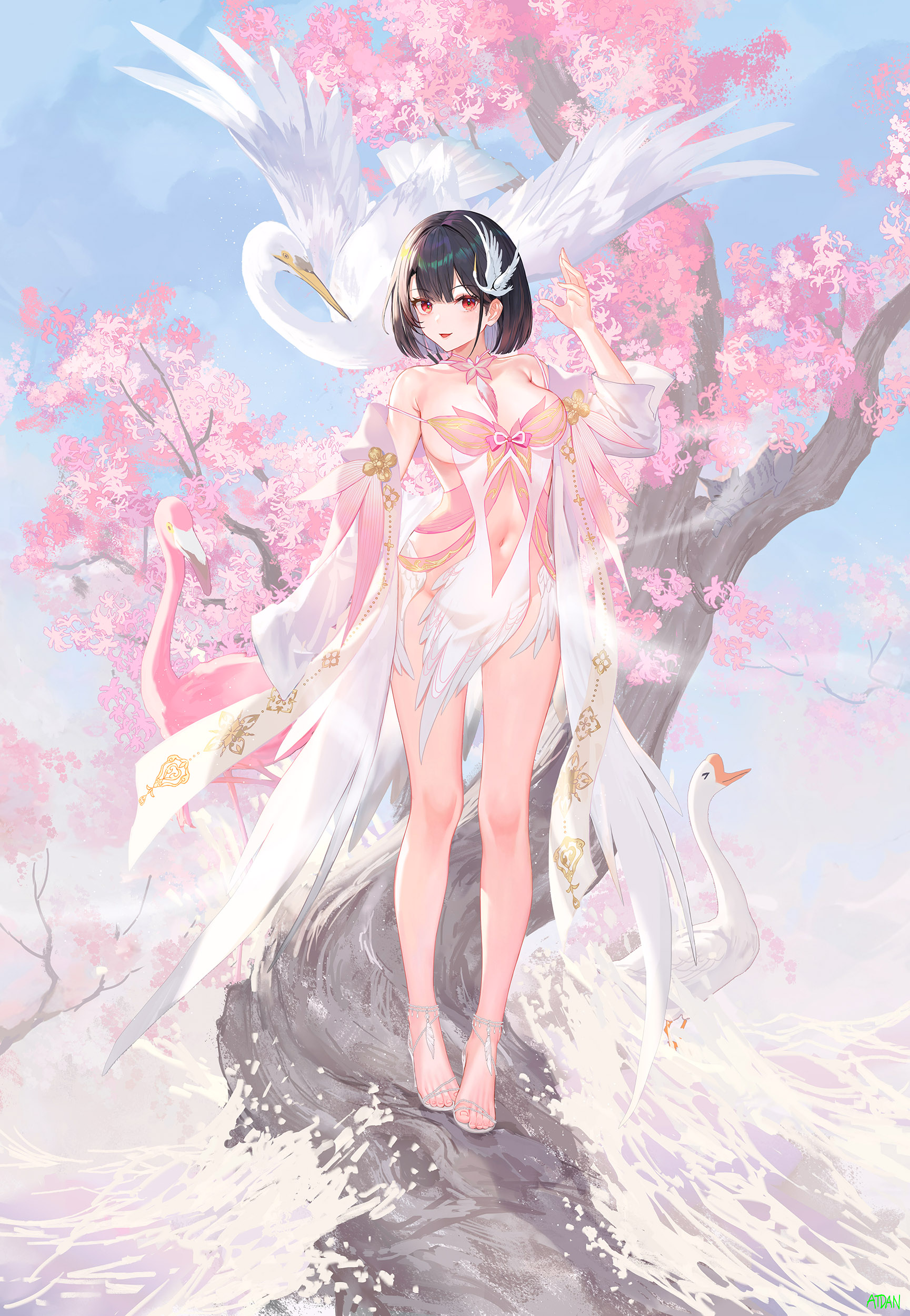 Anime 1729x2500 Atdan red eyes swans flamingos barefoot water looking at viewer smiling big boobs bare shoulders portrait display short hair flowers black hair belly button waves standing branch anime girls
