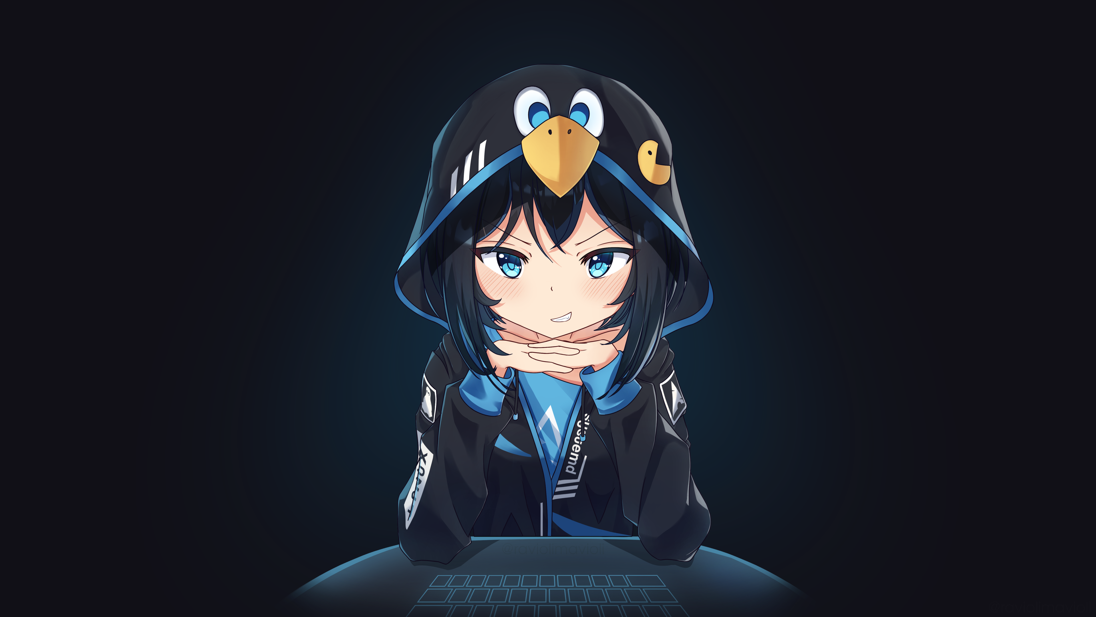 Anime 3840x2160 Arch Linux Linux anime girls minimalism simple background hoods black background smiling dark blue hair blue eyes looking at viewer short hair OS-tan