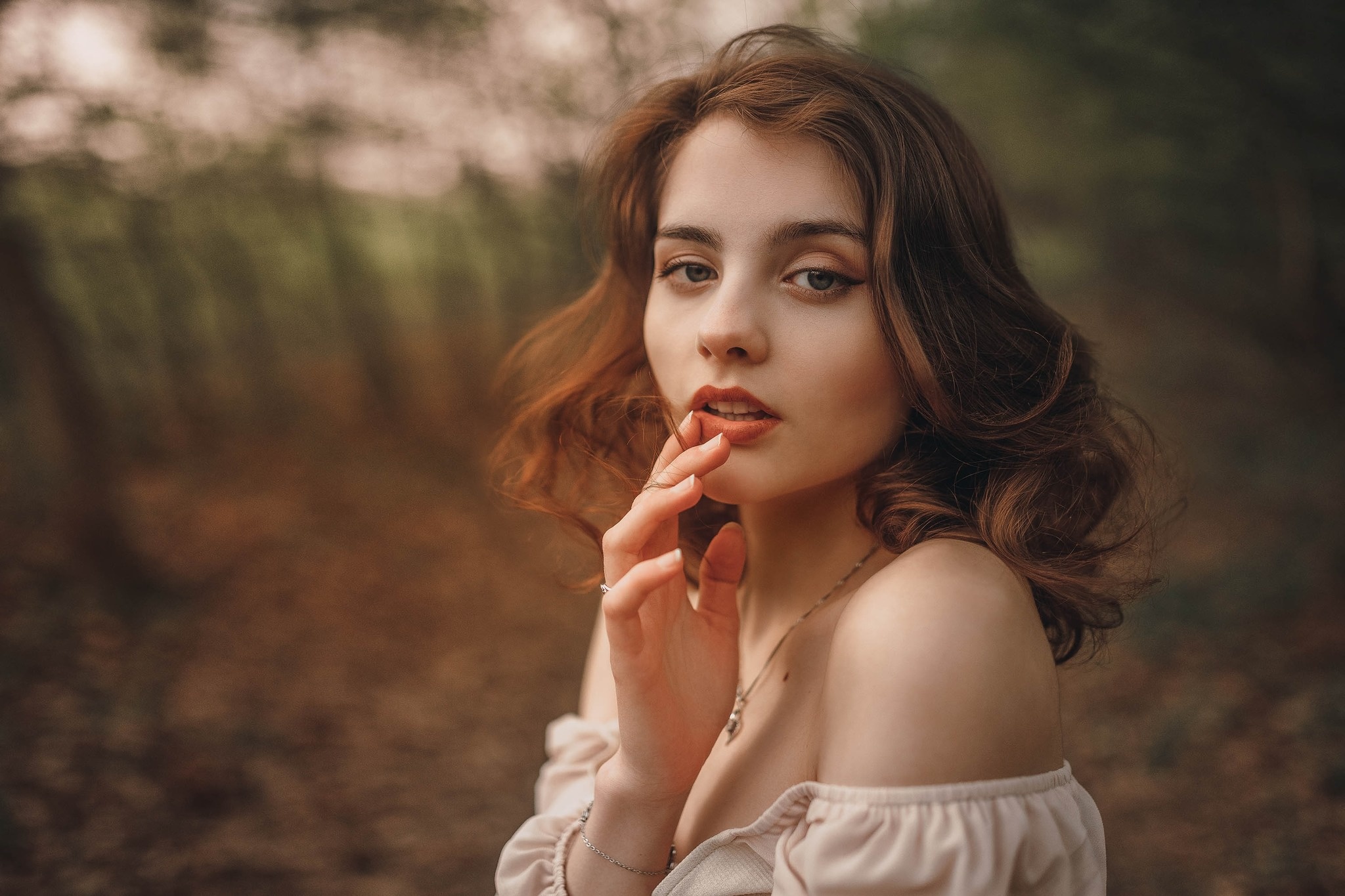 People 2048x1365 Jiri Tulach model brunette looking at viewer forest red lipstick Nicol closeup