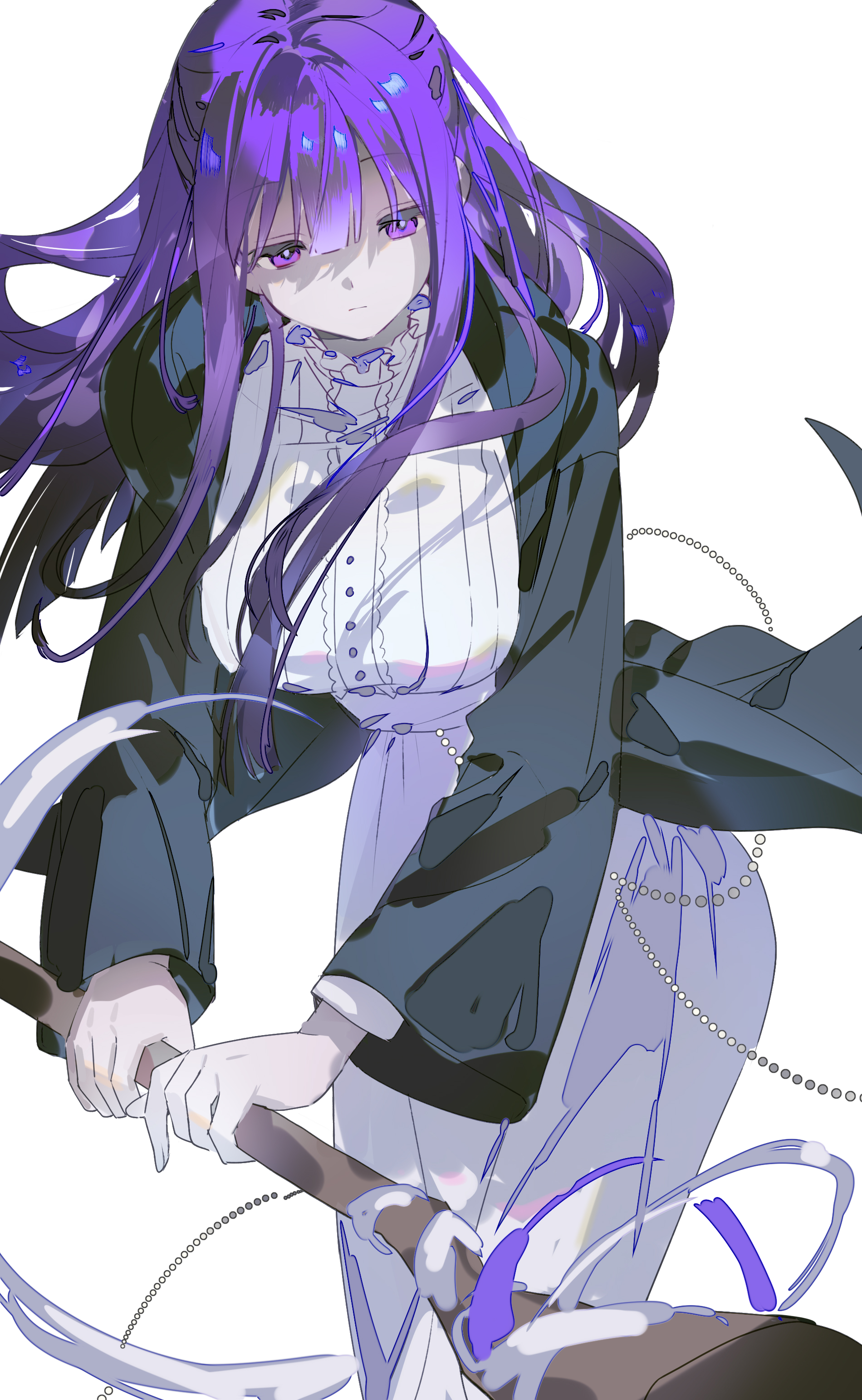 Anime 1900x3085 anime anime girls closed mouth long hair purple hair purple eyes simple background frown white background staff Fern (Sousou No Frieren) Sousou No Frieren