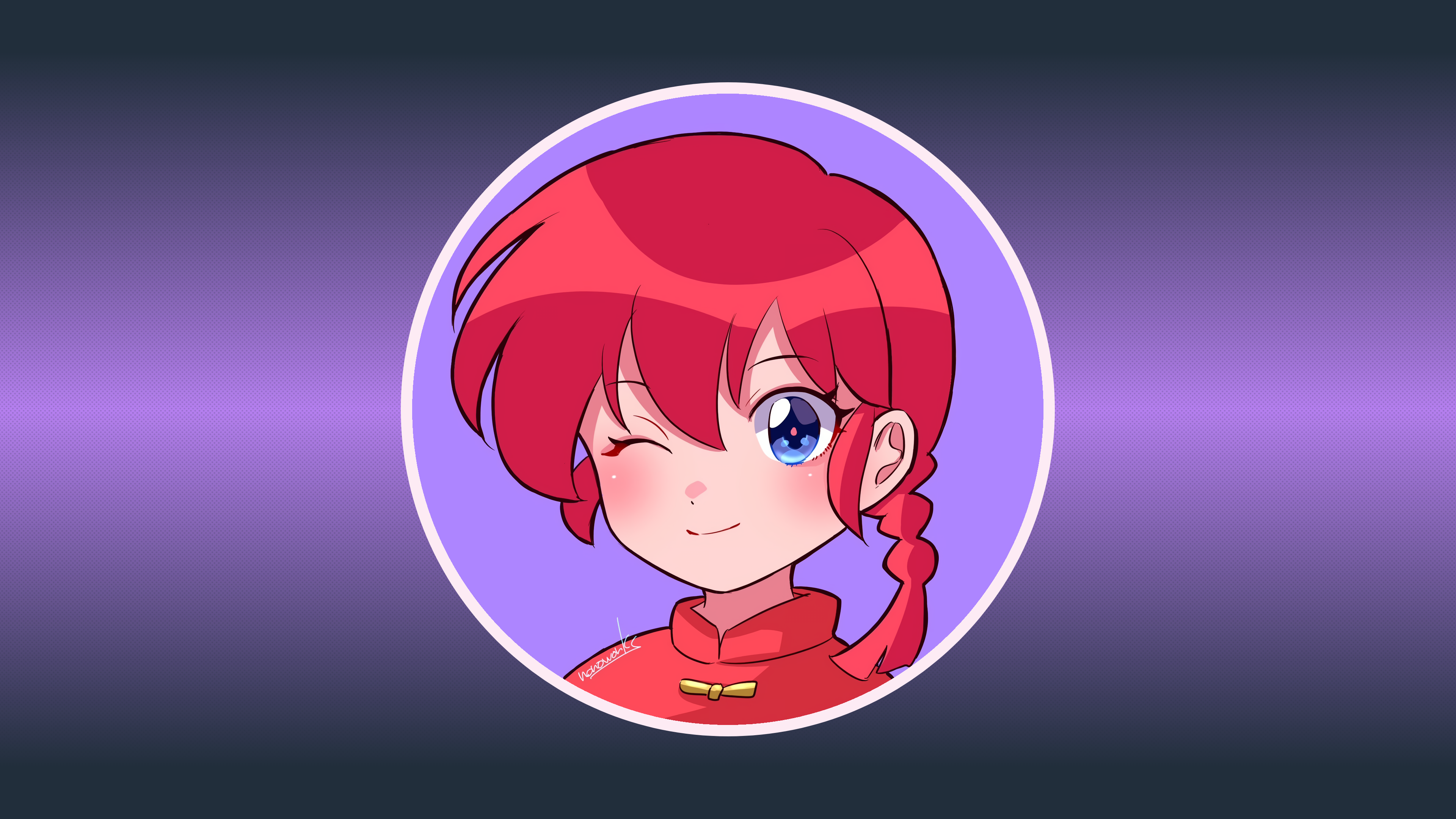 Anime 3840x2160 Ranma ½ Ranma Saotome long hair redhead blue eyes looking at viewer portrait braids gradient blushing red shirt anime girls anime gender-fluid wink one eye closed simple background