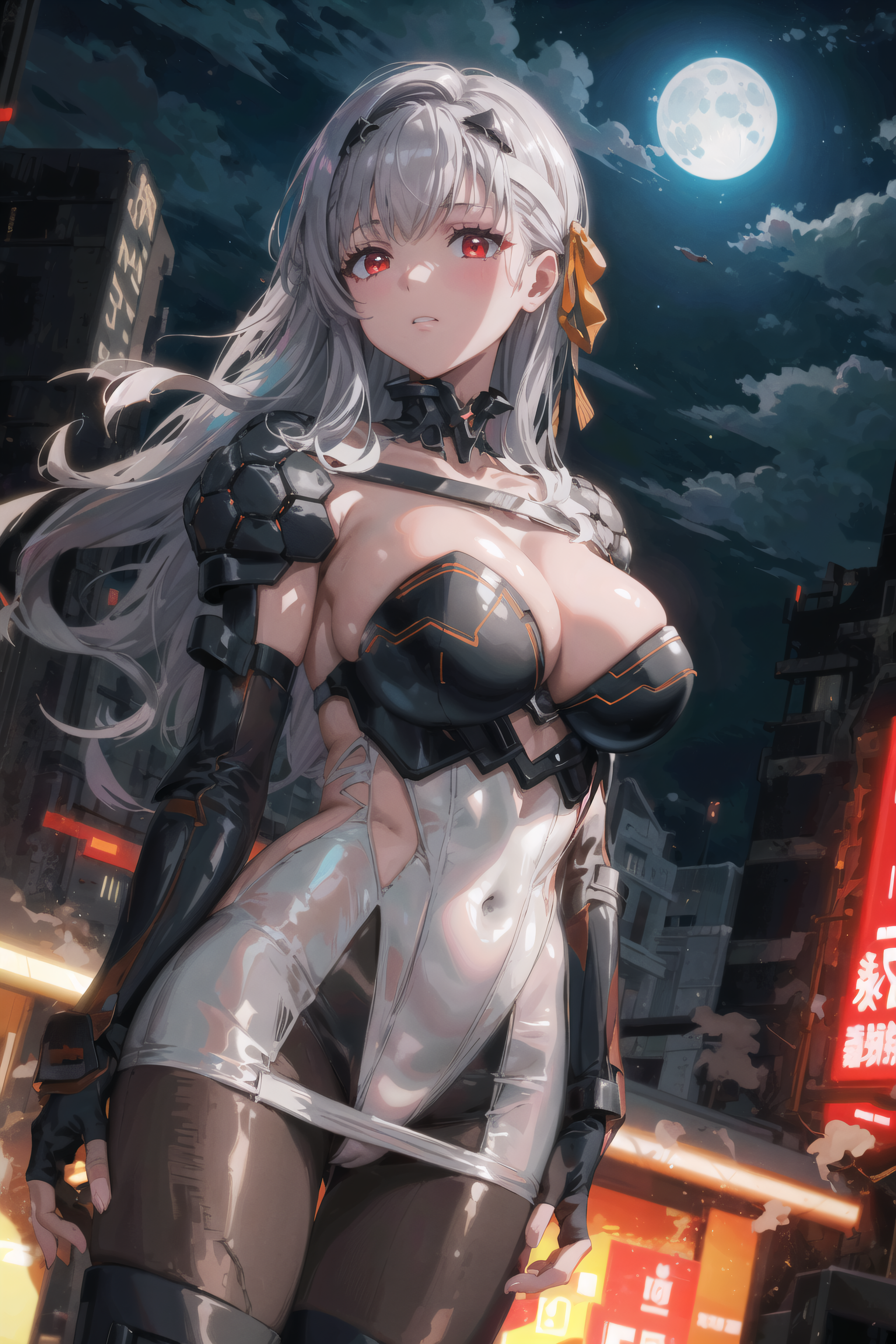 Anime 2048x3072 panwho AI art Nikke: The Goddess of Victory Modernia (Nikke: The Goddess of Victory) full moon red eyes looking at viewer big boobs sky clouds Moon moonlight portrait display anime girls night building parted lips silver hair digital art