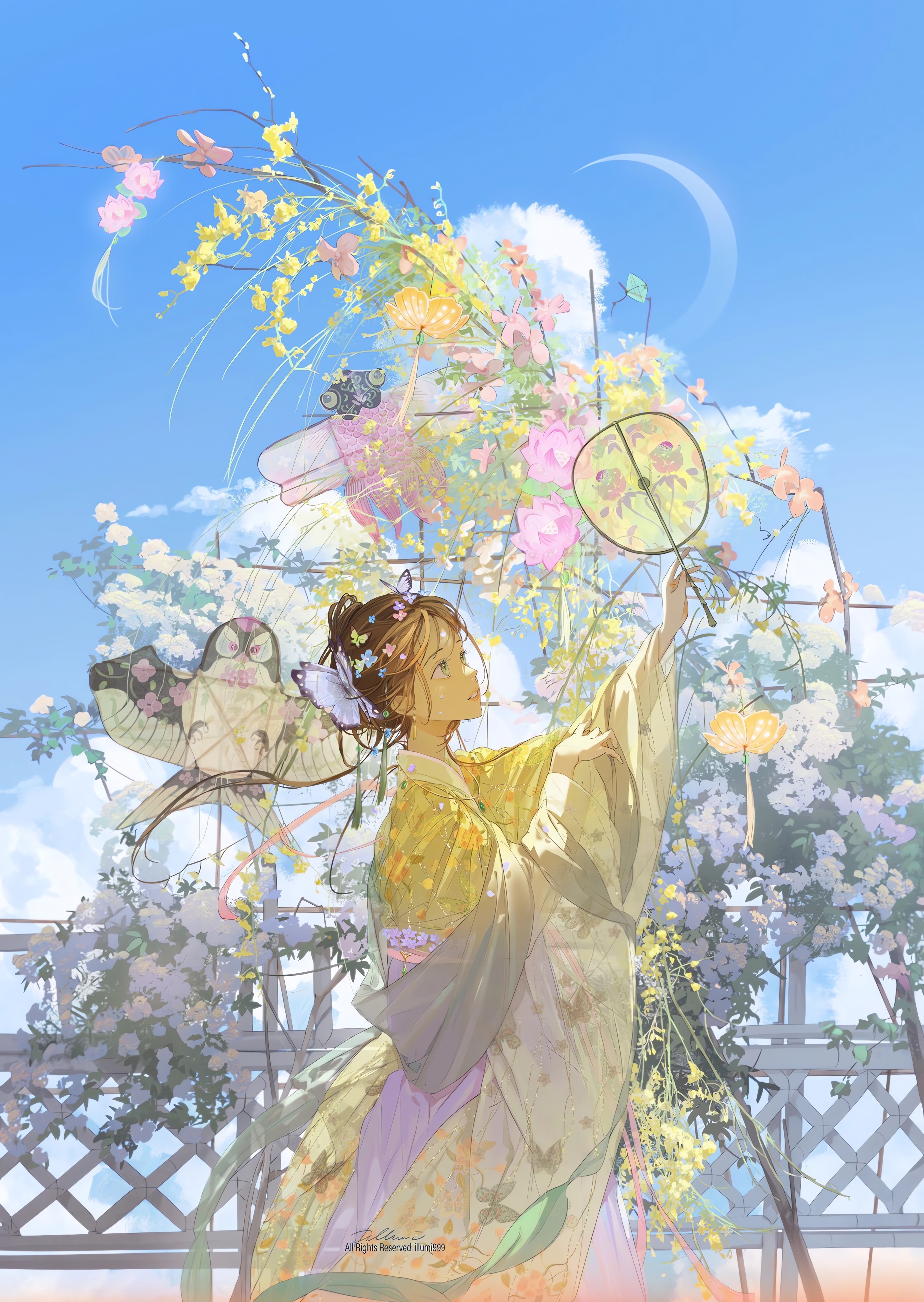Anime 2908x4096 anime anime girls portrait display dress sky clouds fans watermarked signature standing leaves flower in hair brunette butterfly wings flowers looking up short hair blue eyes illumi999