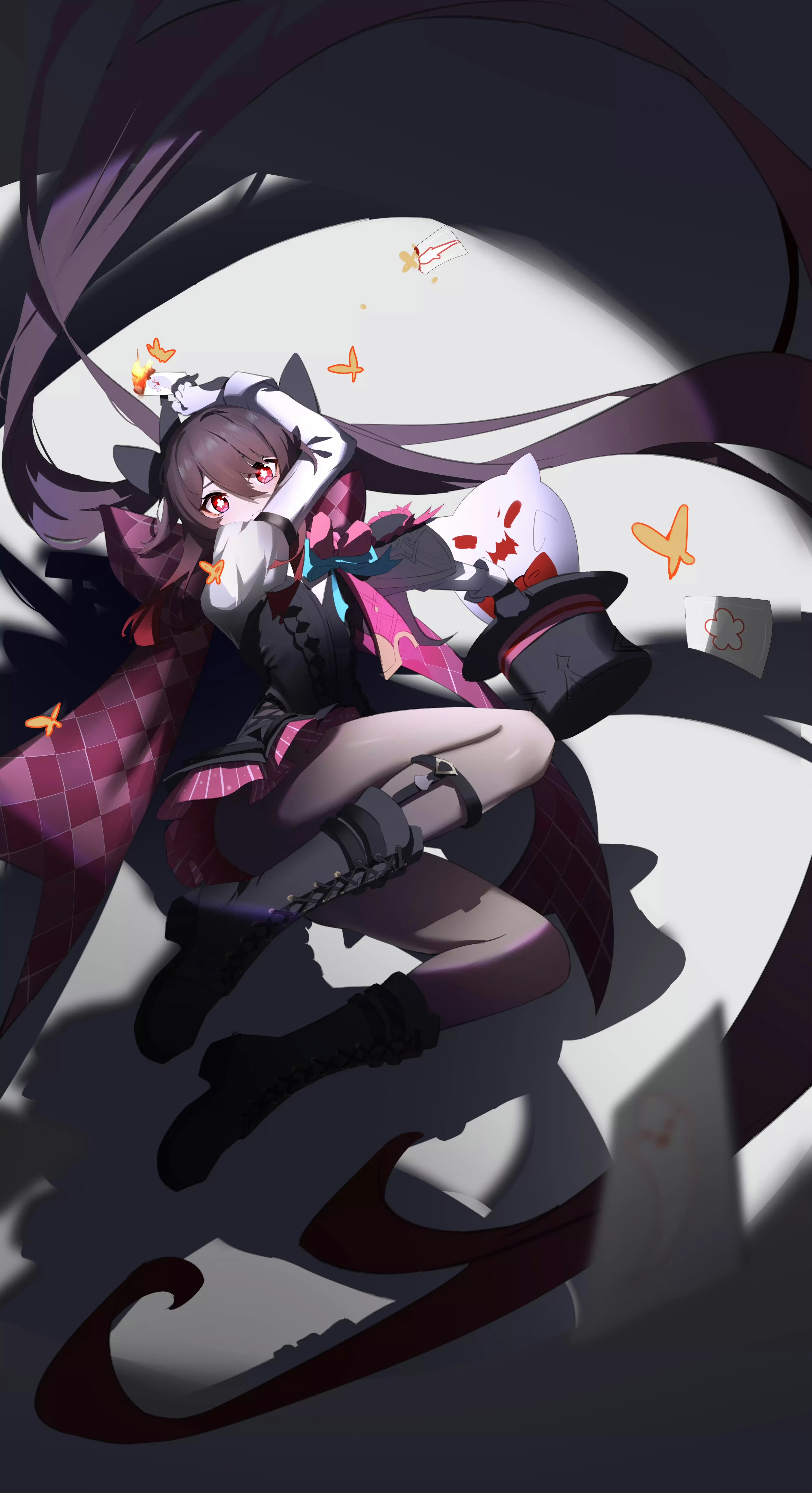 Anime 3687x6779 anime girls anime Hu Tao (Genshin Impact) Genshin Impact long hair twintails ghost hat butterfly insect skirt looking at viewer cards portrait display red eyes fire bow tie boots Lynette (Genshin Impact)