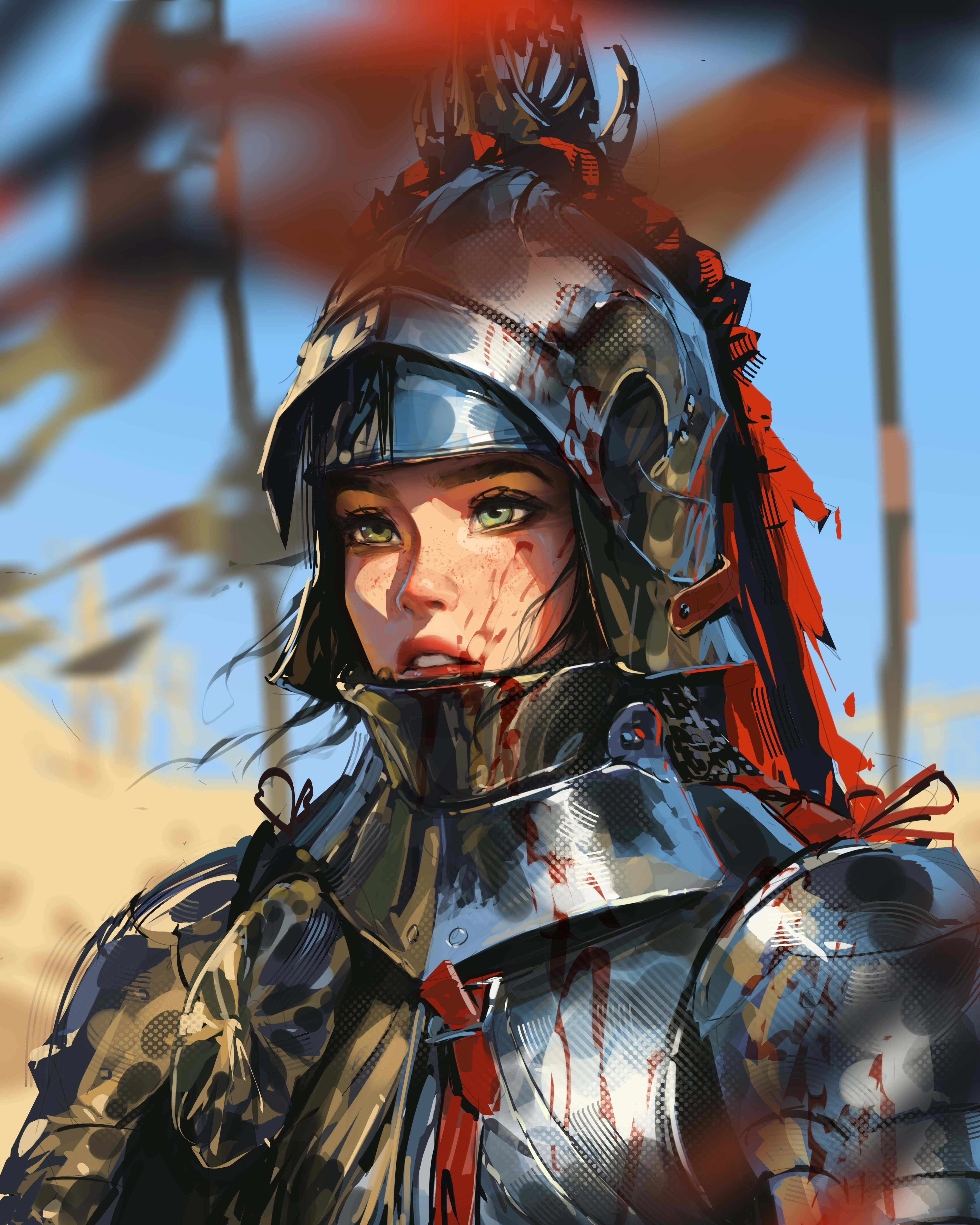General 4320x5400 Sam Yang digital art artwork illustration women knight armor portrait blood red lipstick freckles medieval portrait display flag female warrior