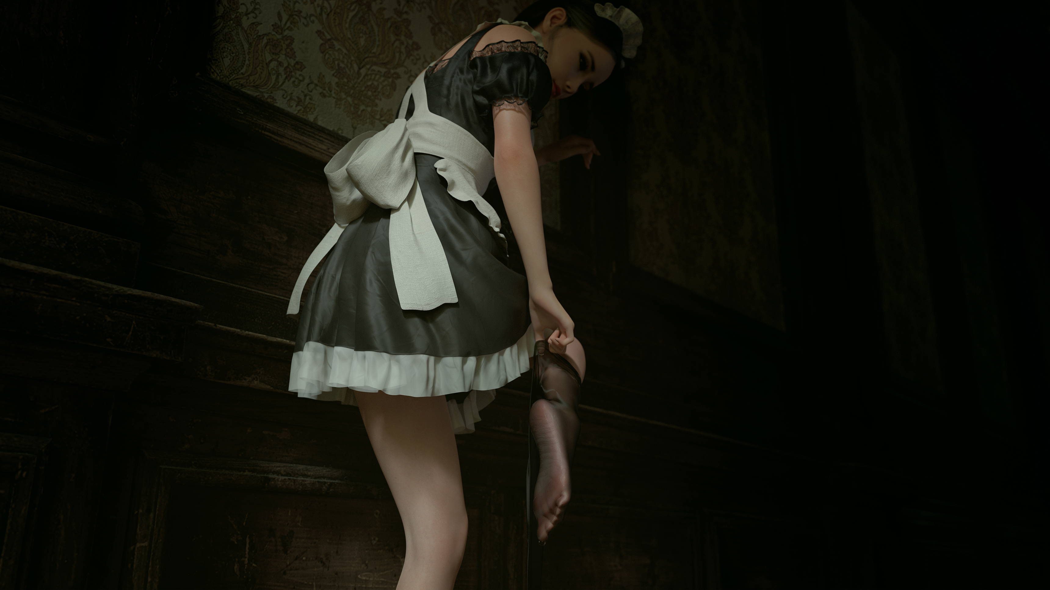 General 3440x1935 maid women original characters CGI digital art Lou LL maid outfit standing standing on one leg frills indoors women indoors feet