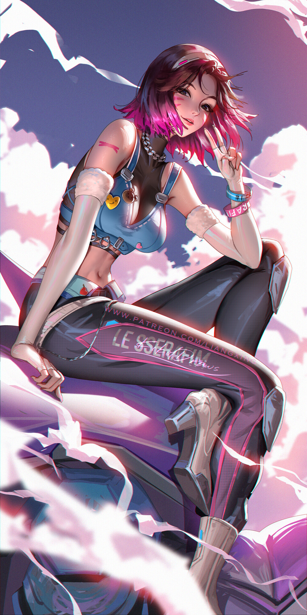 General 1000x2000 Jason Liang drawing Overwatch Le Sserafim D.Va (Overwatch) sitting video game girls clouds looking at viewer smiling peace sign portrait display video game characters belly belly button bare shoulders short hair bracelets high heels digital art parted lips