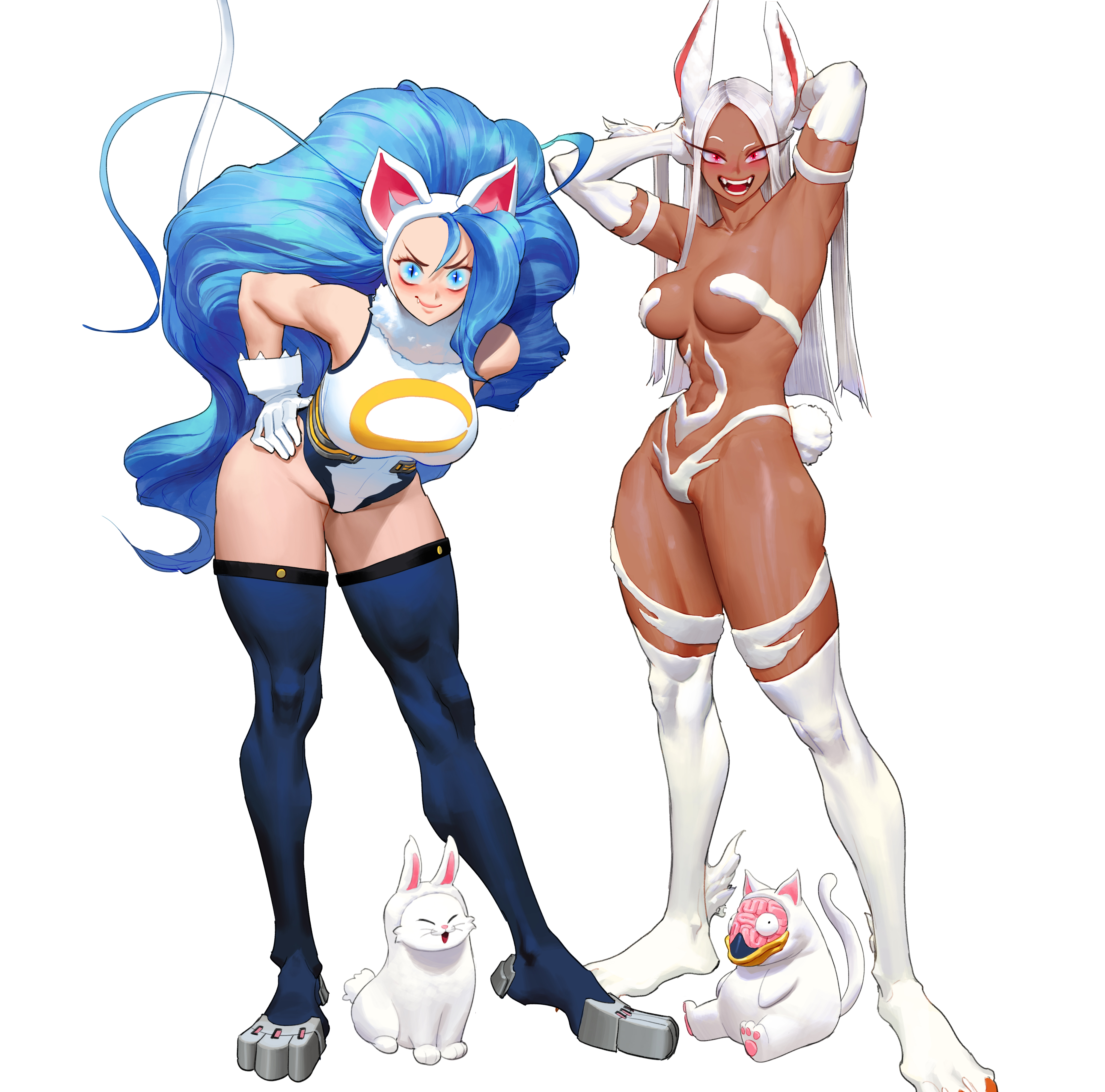 Anime 4048x4000 Darkstalkers cosplay Boku no Hero Academia two women animal ears simple background tail white background leotard crossover bunny ears bunny tail blue eyes looking at viewer abs gloves elbow gloves white gloves ahoge long hair sleeveless cat girl blue stockings bunny girl open mouth Wonbin Lee bare shoulders Usagiyama Rumi fangs armpits one arm up big boobs hands on hips Felicia (Darkstalkers) cats thick thigh bent over white hair thigh-highs fur video game girls anime girls standing Noumu (Boku no Hero Academia) red eyes blue hair smiling thighs