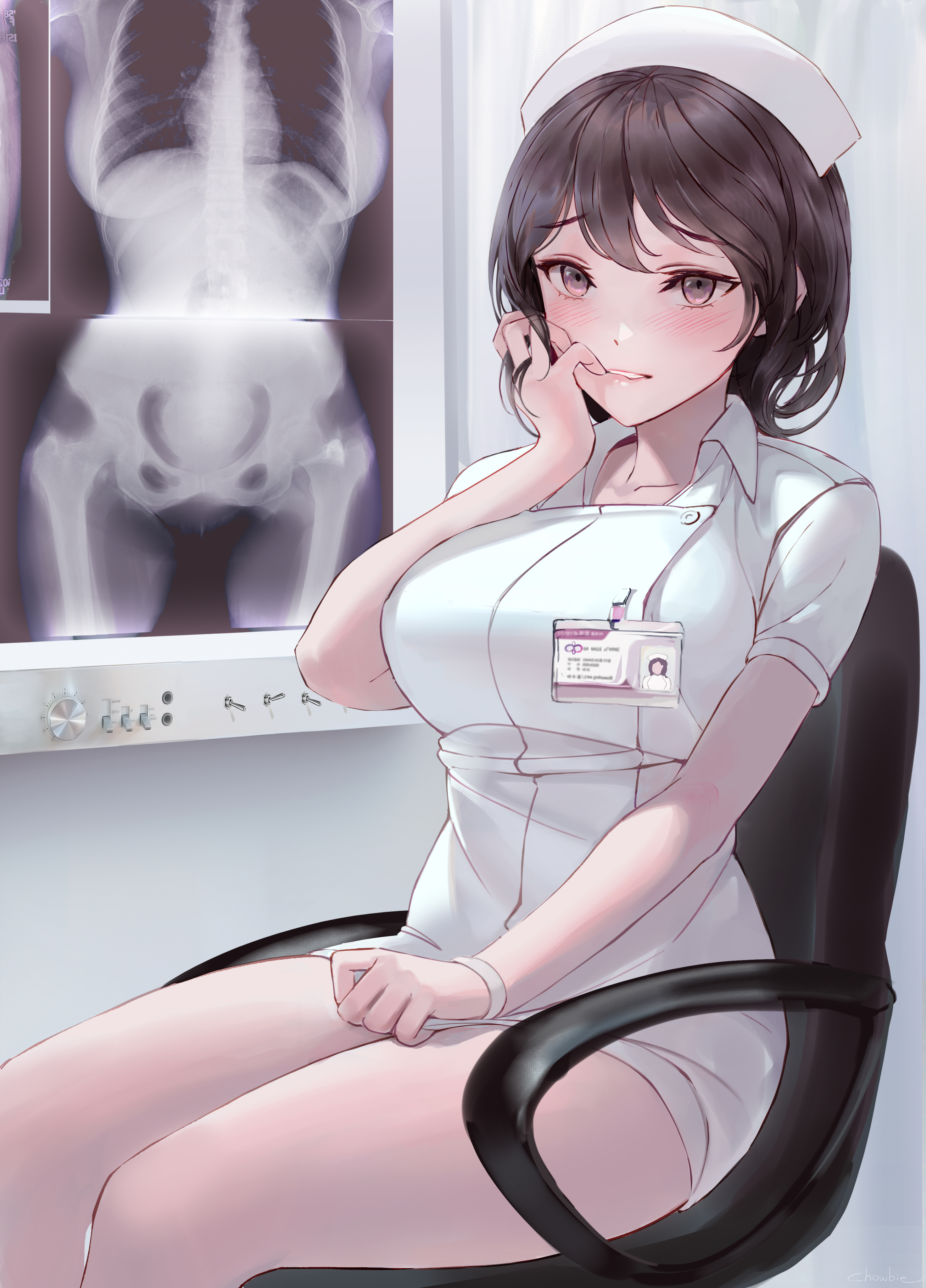 Anime 2944x4096 nurses anime girls x-rays ID card portrait display chair nurse outfit short hair looking at viewer blushing sitting legs thighs touching face brunette brown eyes biting lips