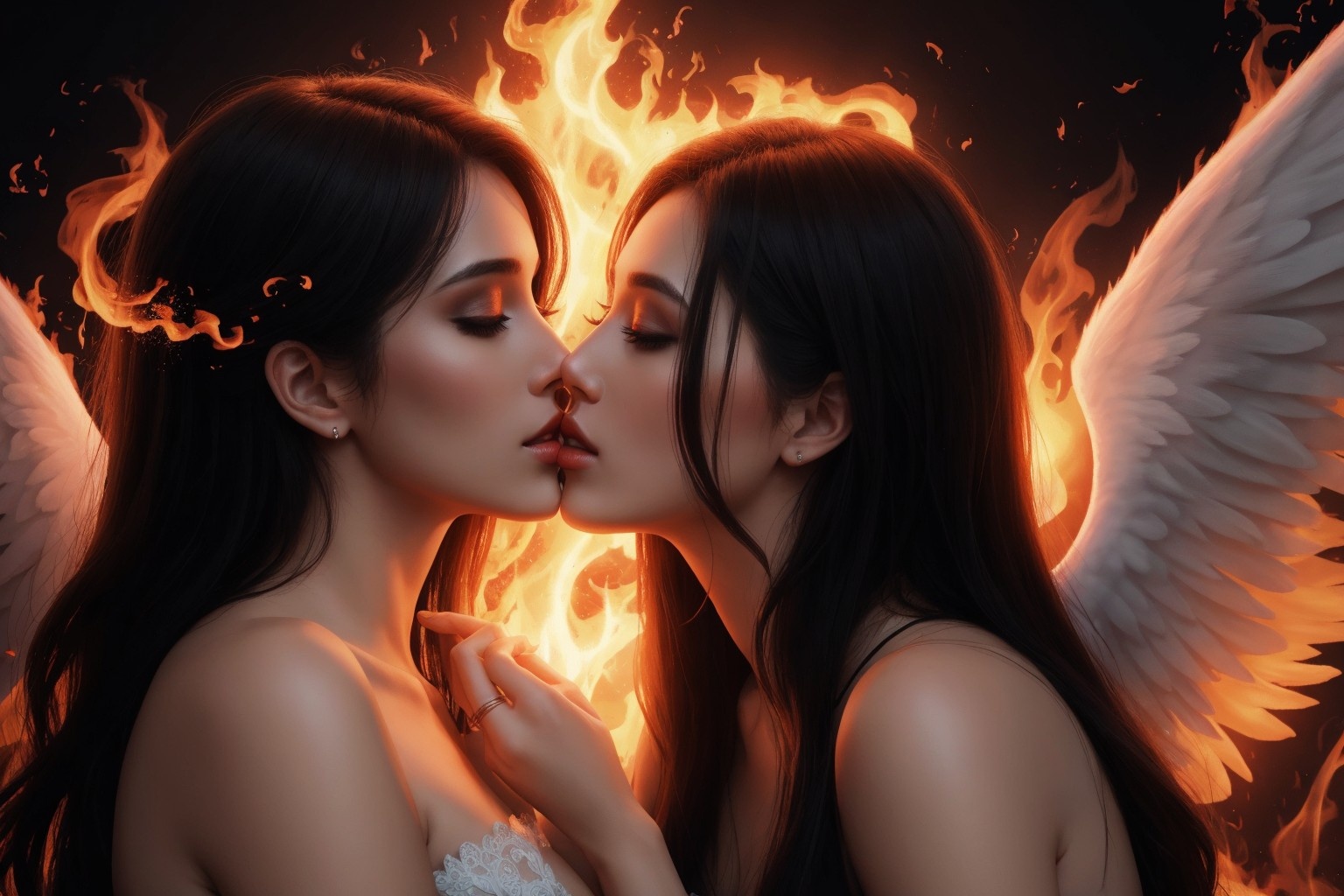 General 1536x1024 angel AI art kissing wings digital art lesbians long hair parted lips rings fire