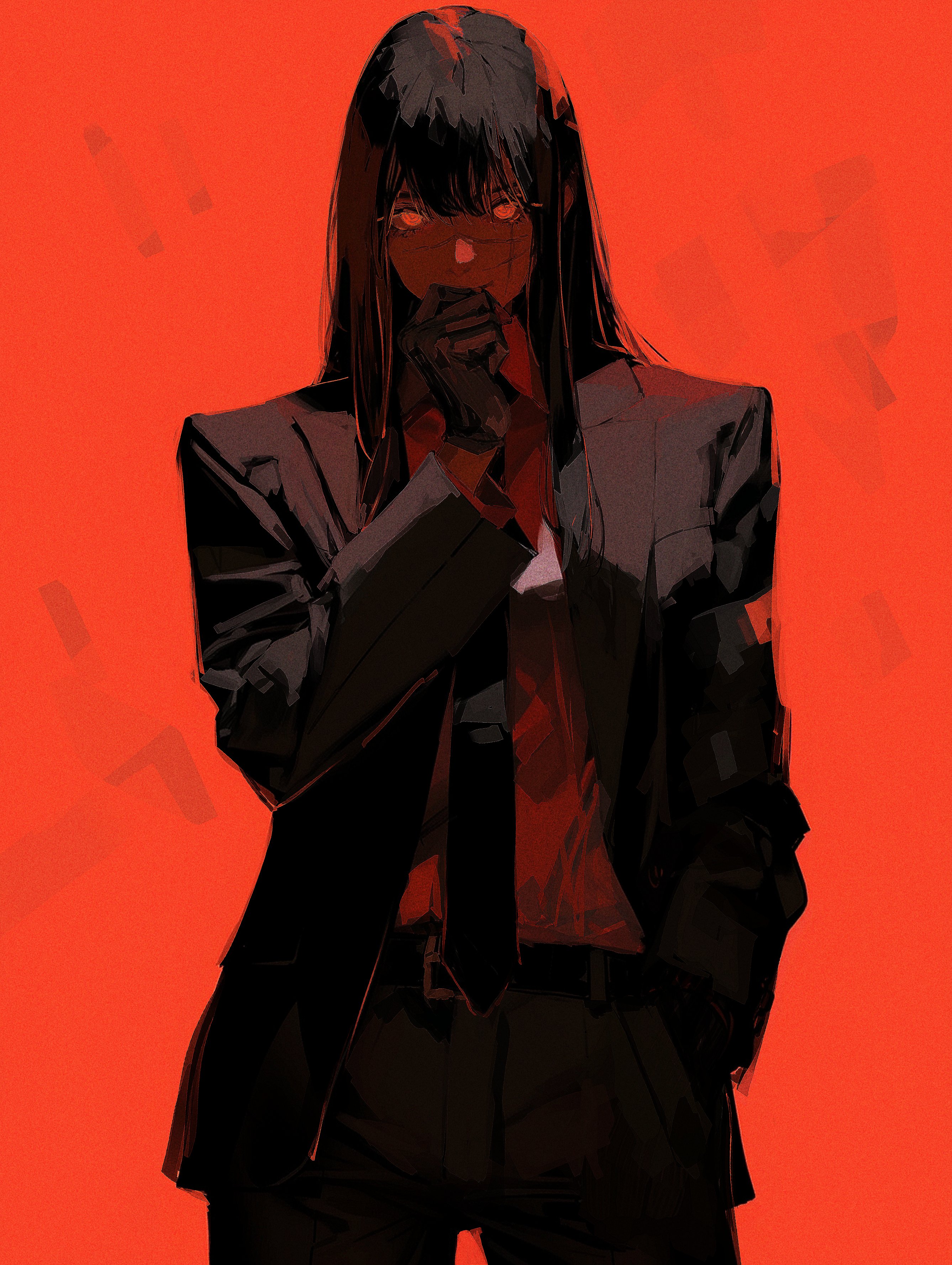 Anime 2675x3555 96yottea Chainsaw Man Mitaka Asa (Chainsaw Man) red background standing simple background red anime girls minimalism portrait display long hair scars looking at viewer gloves suit and tie tie