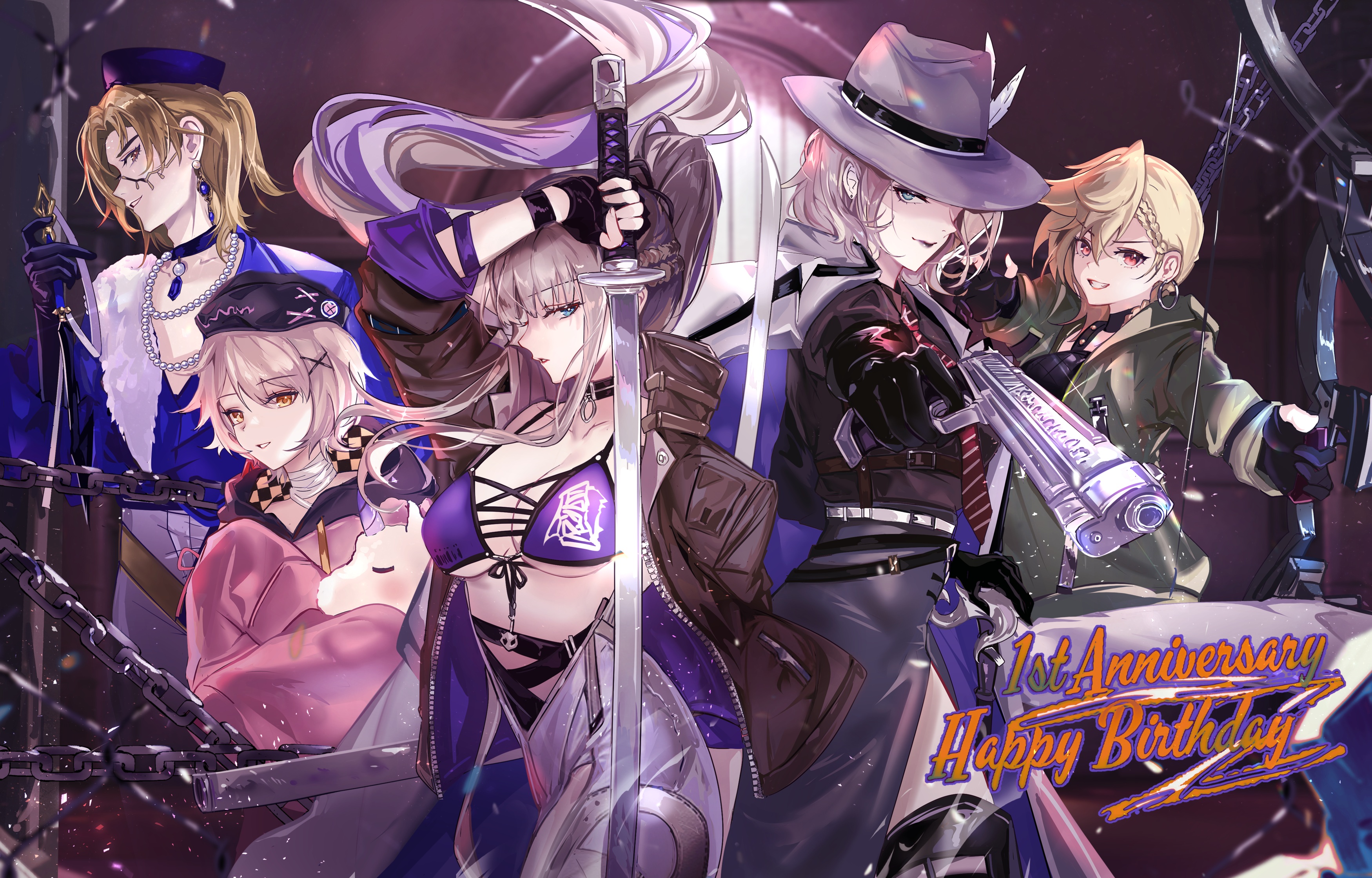 Anime 3500x2240 anime anime girls gun anime girls with guns bow chains gloves fingerless gloves smiling anniversary hat looking at viewer cleavage big boobs earring sword weapon choker long hair