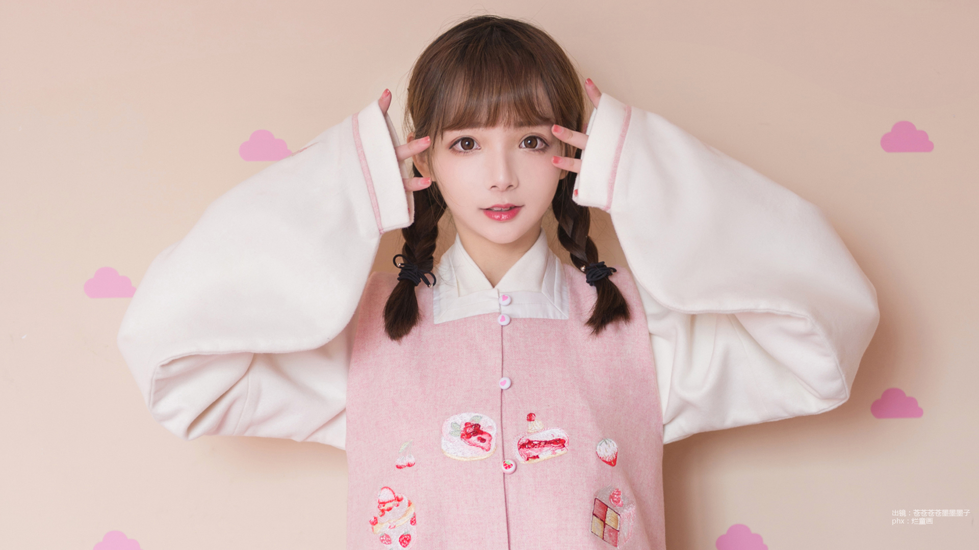 People 1920x1080 Asian women model brunette braids brown eyes touching face parted lips puffy sleeves portrait studio wide sleeves long sleeves twintails looking at viewer lip gloss simple background bangs