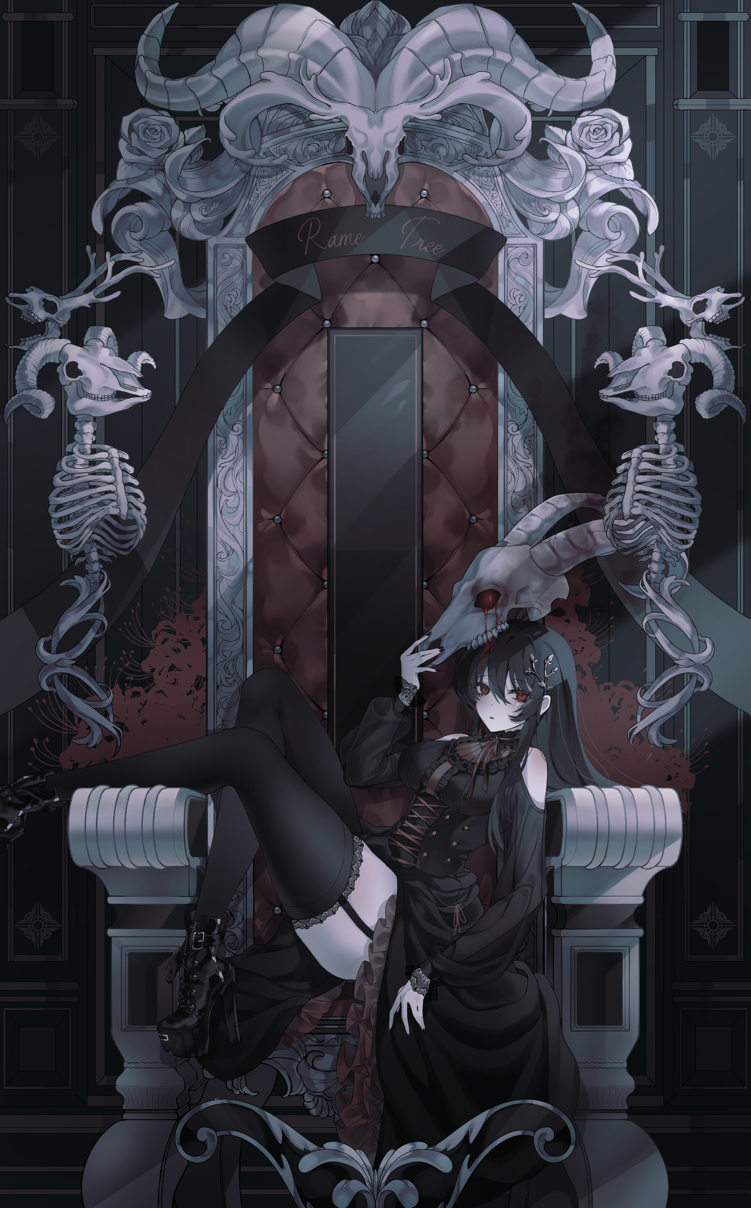 Anime 2456x3950 anime anime girls Pixiv original characters gothic lolita throne bones looking at viewer portrait display sitting stockings garter straps black hair red eyes long hair dress frills horns bare shoulders heels gothic blood