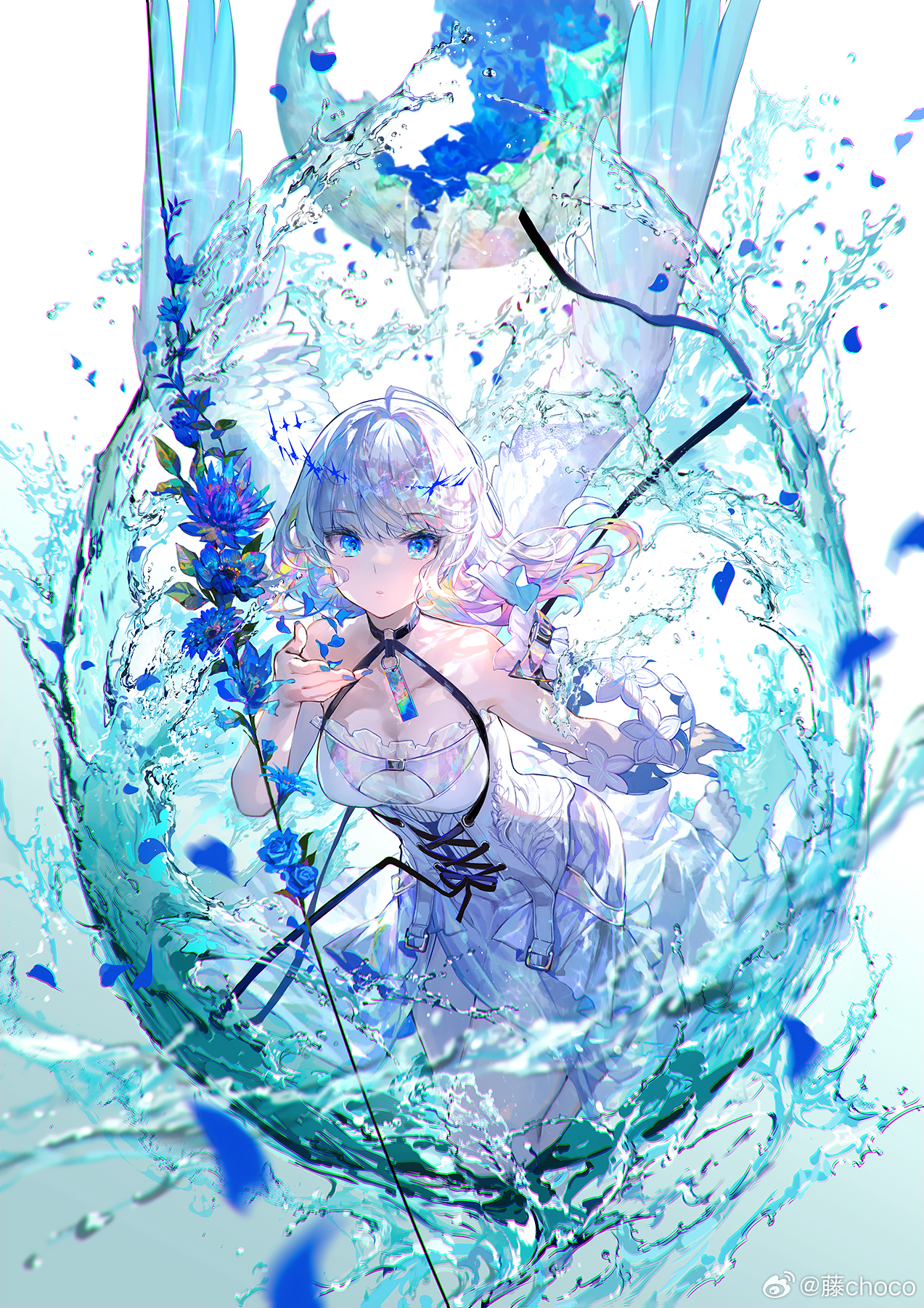 Anime 1273x1800 Fuji Choko portrait display looking at viewer flowers white dress angel wings white background water simple background frills water drops parted lips blue eyes blue flowers splashes watermarked