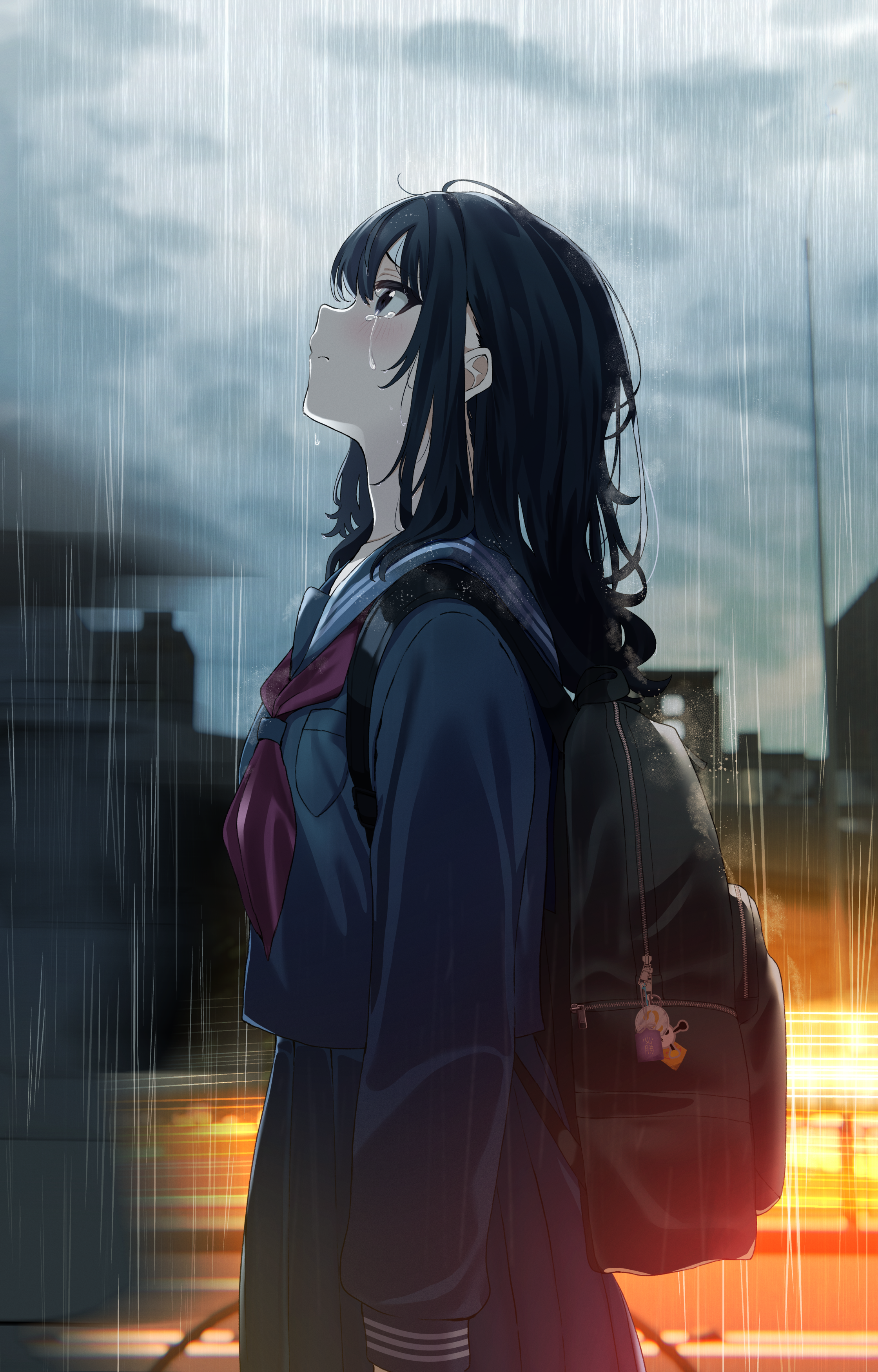 Anime 2240x3500 anime girls anime standing rain schoolgirl crying looking up