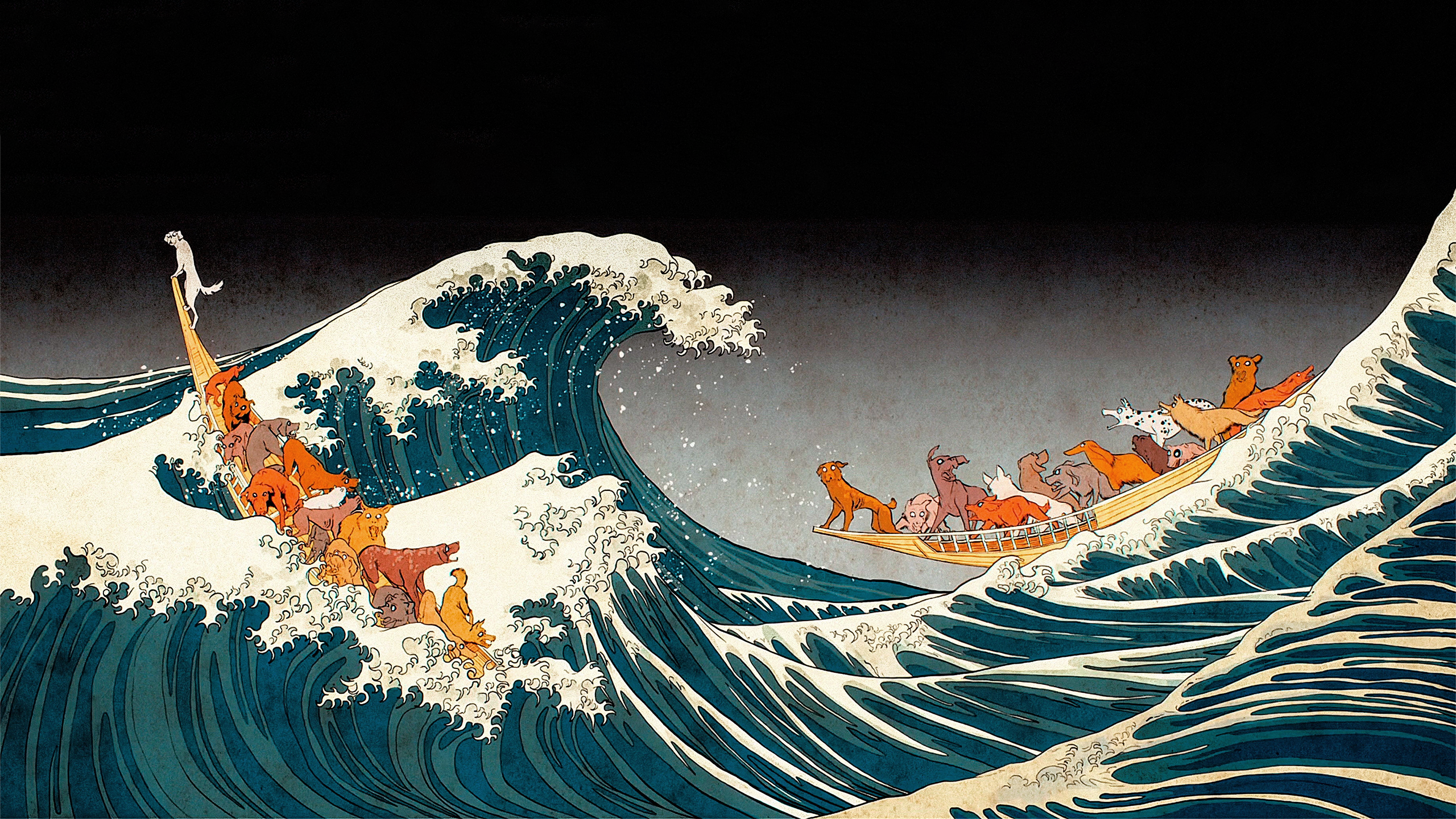 General 2560x1440 Isle of Dogs dog waves digital art Ukiyo-e movies The Great Wave of Kanagawa
