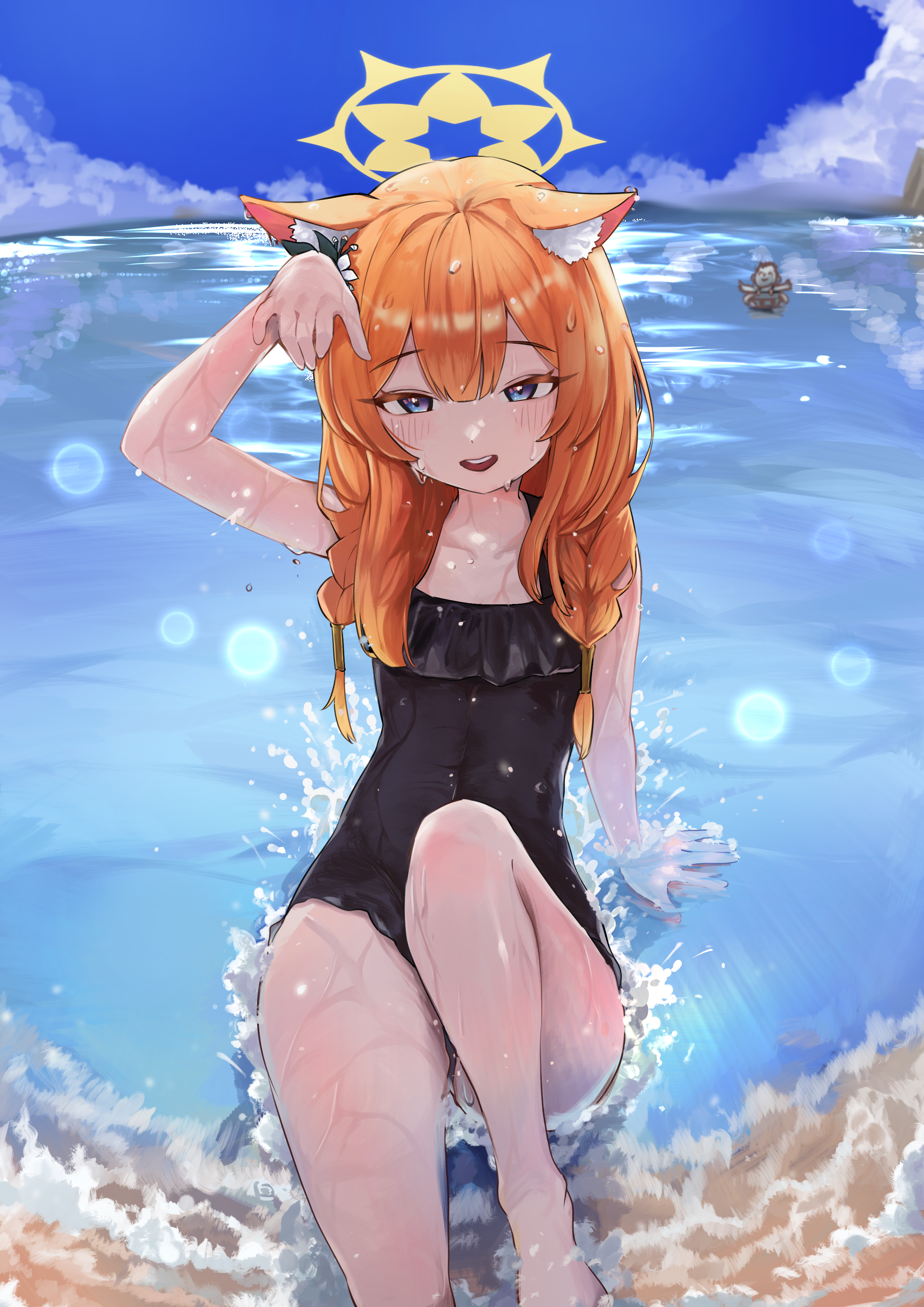 Anime 2480x3508 Blue Archive swimwear portrait display long hair Mari (Blue Archive) beach looking at viewer water animal ears blue eyes redhead one arm up women outdoors wet women on beach sky Lir one-piece swimsuit waves black swimsuit thighs clouds sea