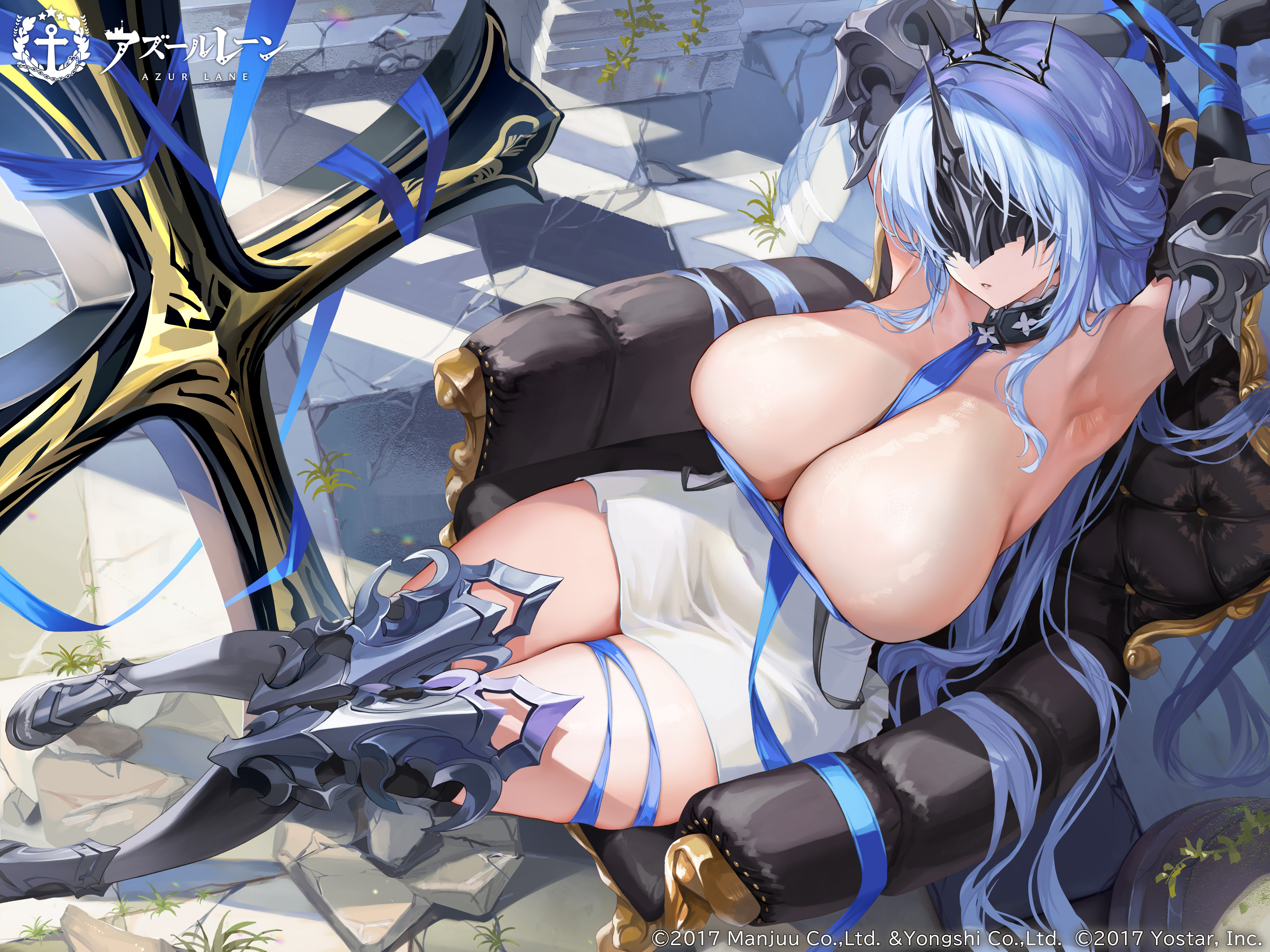 Anime 3998x2999 Azur Lane huge breasts Alsace (Azur lane) dress cross high heeled boots covered eye(s) gauntlets white dress checkered blue hair high angle Sage Joh blue ribbons armored boots long hair watermarked eyemasks armchair parted lips armpits cleavage