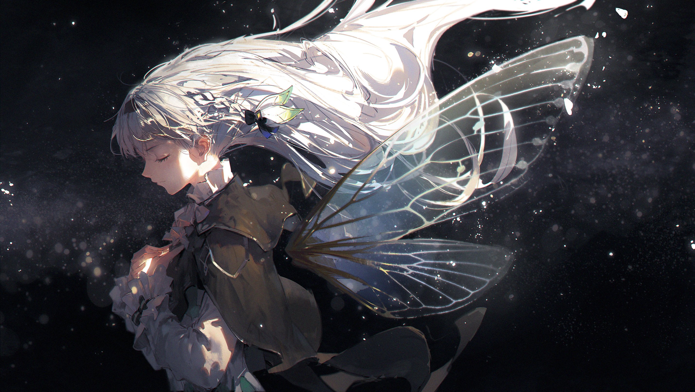 Anime 2862x1614 anime girls white hair butterfly wings praying closed eyes space