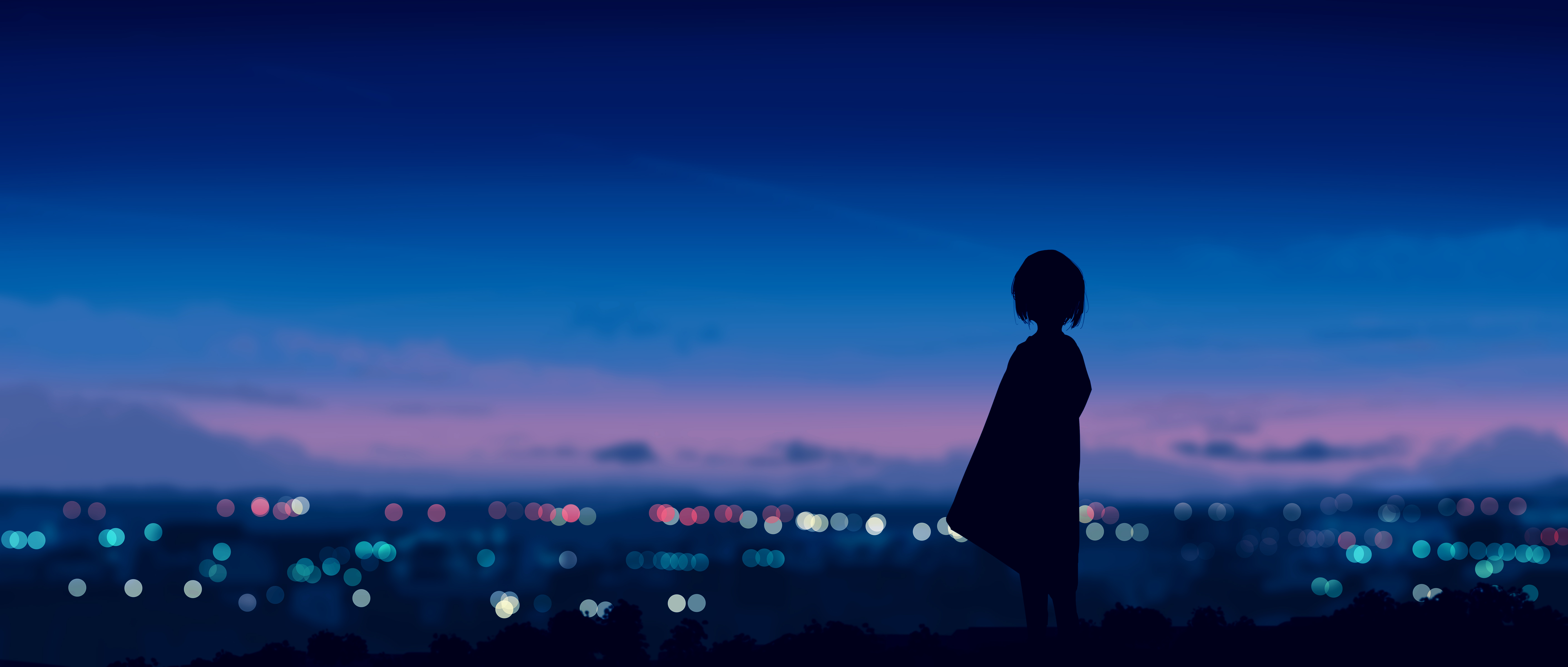 Anime 5640x2400 anime anime girls artwork sky minimalism sunset clouds Gracile illustration wide screen city lights