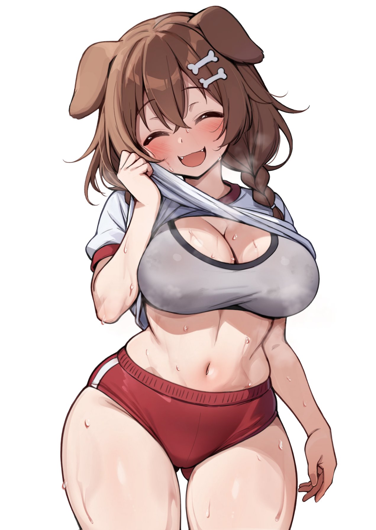 Anime 1271x1790 anime anime girls Virtual Youtuber Hololive Inugami Korone sports bra buruma sweaty body brunette closed eyes sweat white background braids simple background animal ears dog ears blushing open mouth curvy big boobs thighs portrait display belly belly button