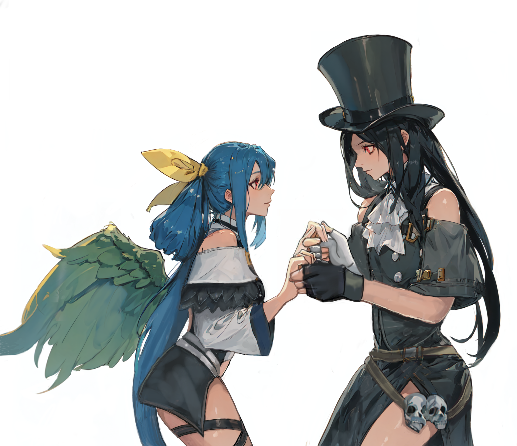 Anime 1703x1470 Guilty Gear Guilty gear strive Dizzy (Guilty Gear) Testament (guilty gear) anime couple anime girl with wings anime games simple background Testament x Dizzy fighting games holding hands Tesdizzy (guilty_gear) blue hair top hat