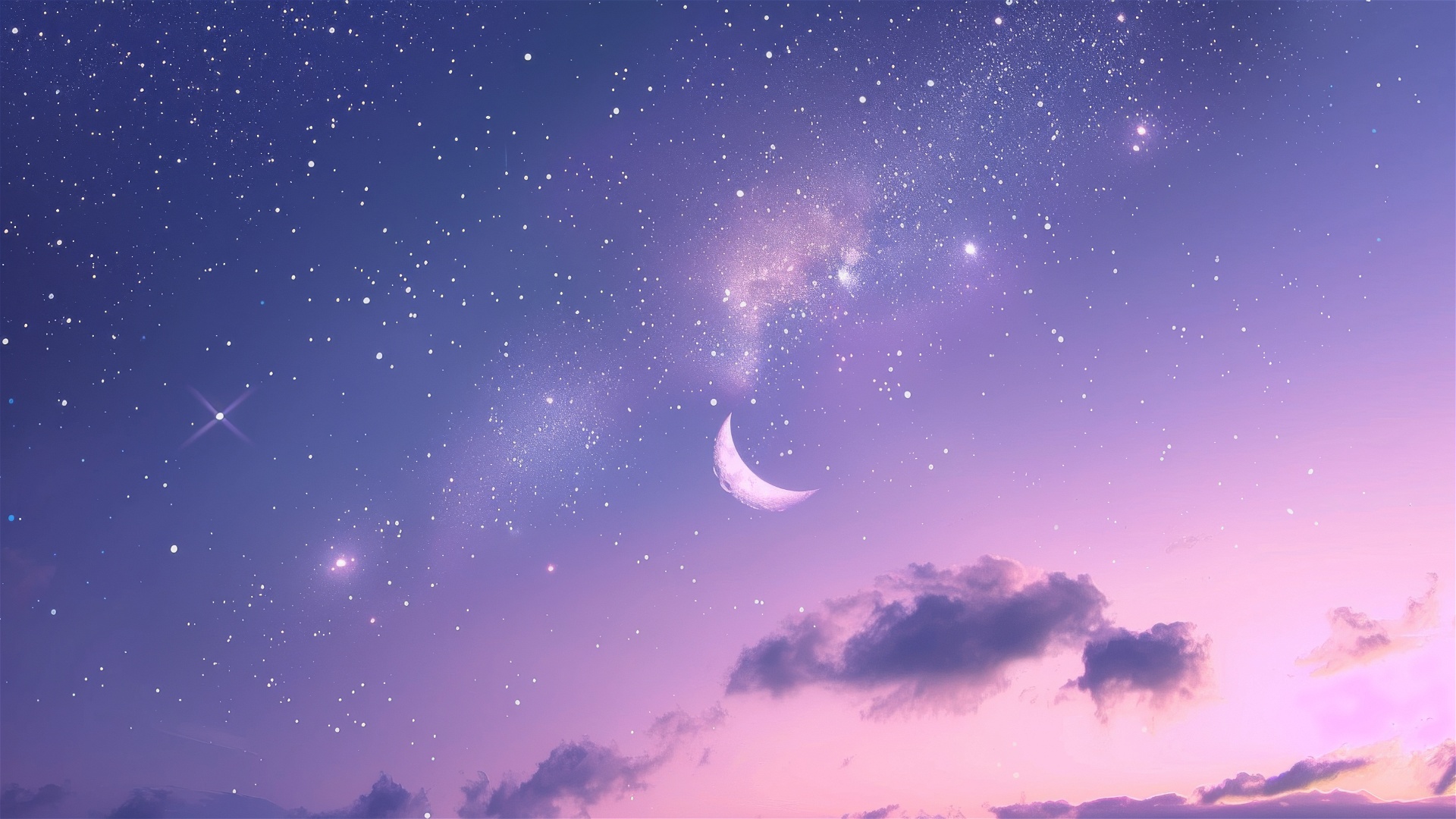 General 1920x1080 Moon sky night purple crescent moon clouds stars pink white