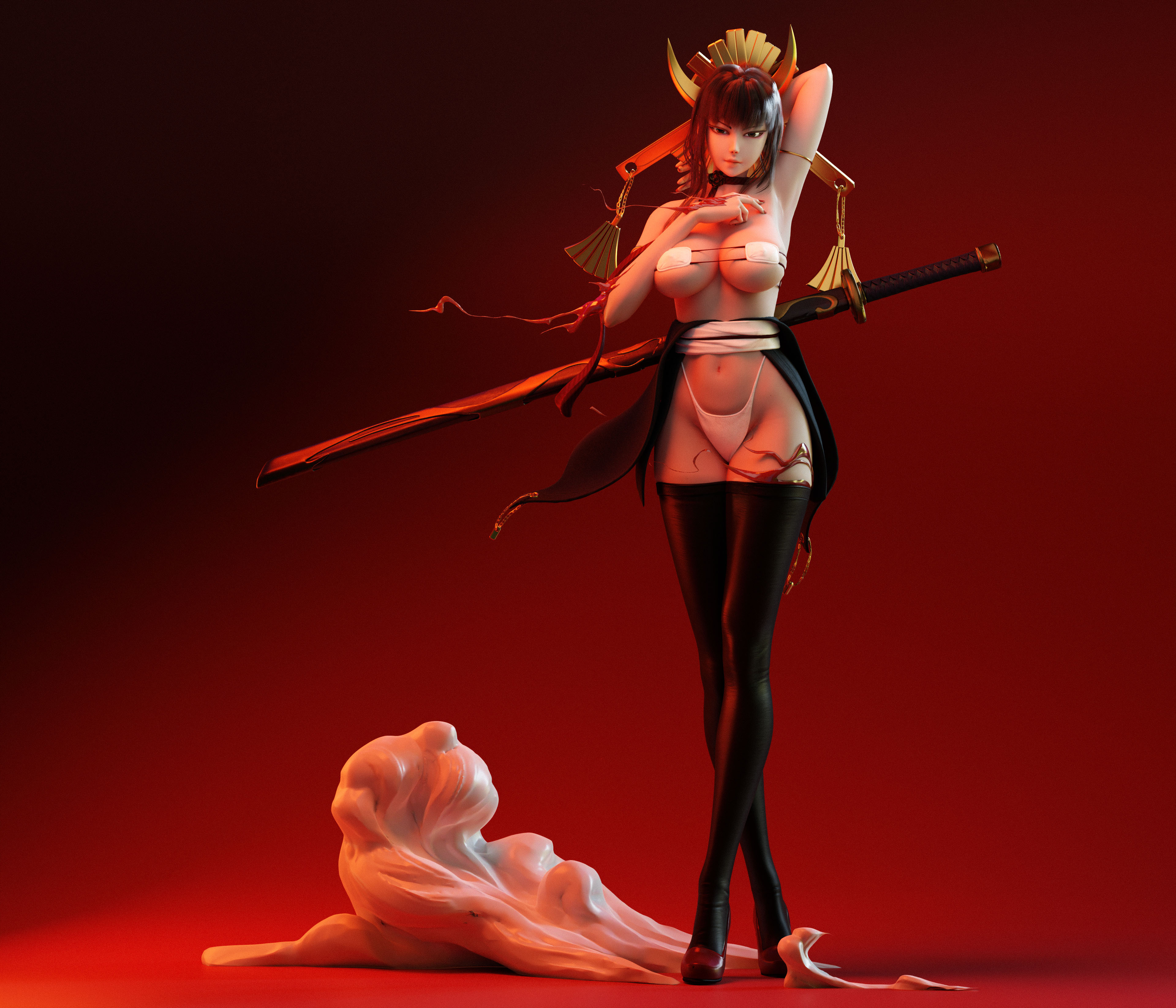 General 3840x3291 Xishan Lun CGI skimpy clothes weapon red background legs crossed