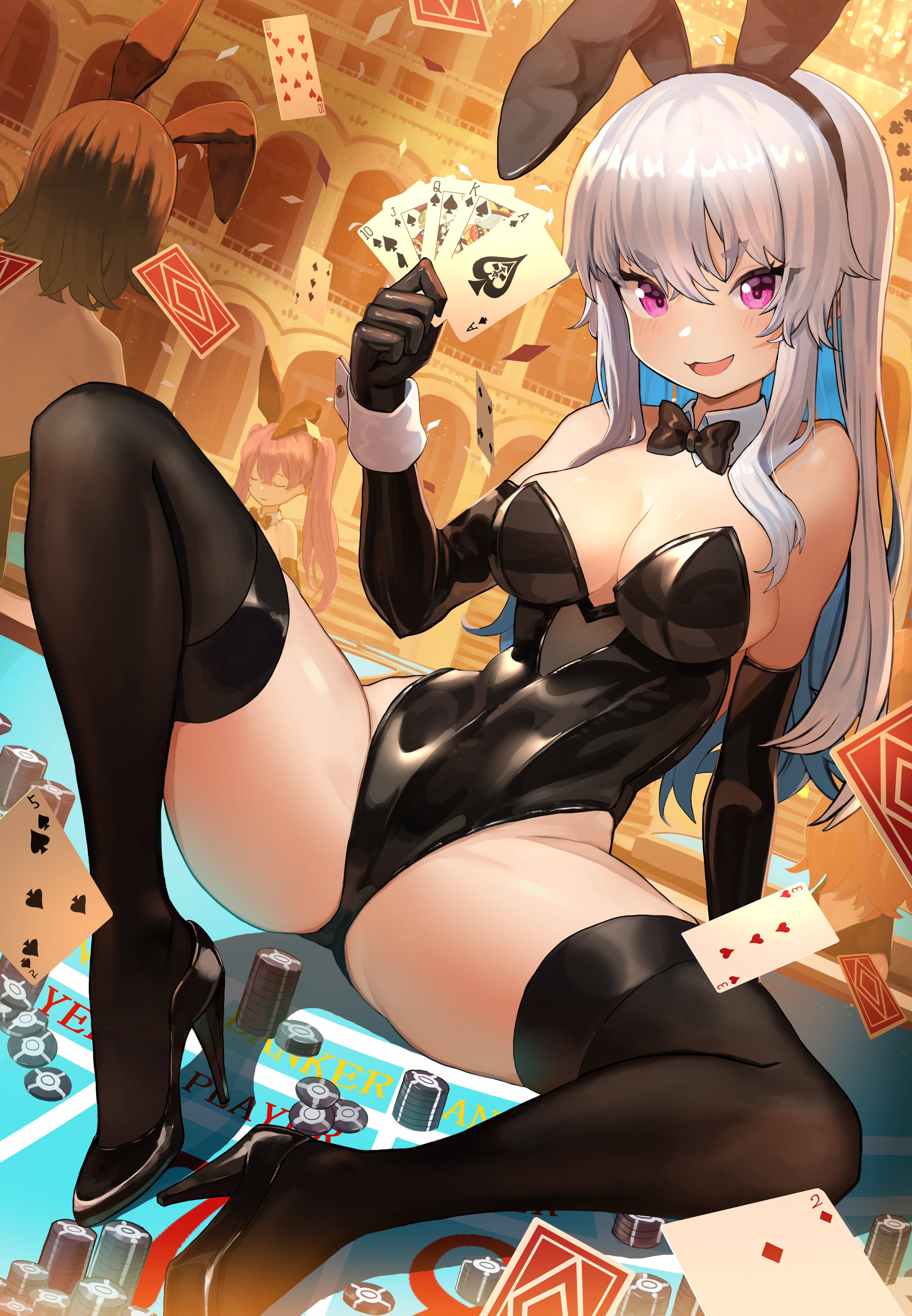 Anime 5787x8350 spread legs heels stockings bunny suit bunny girl latex black stockings cards playing cards poker chips two tone hair bunny ears anime girls pink eyes leotard thigh-highs looking at viewer bow tie portrait display long hair casino