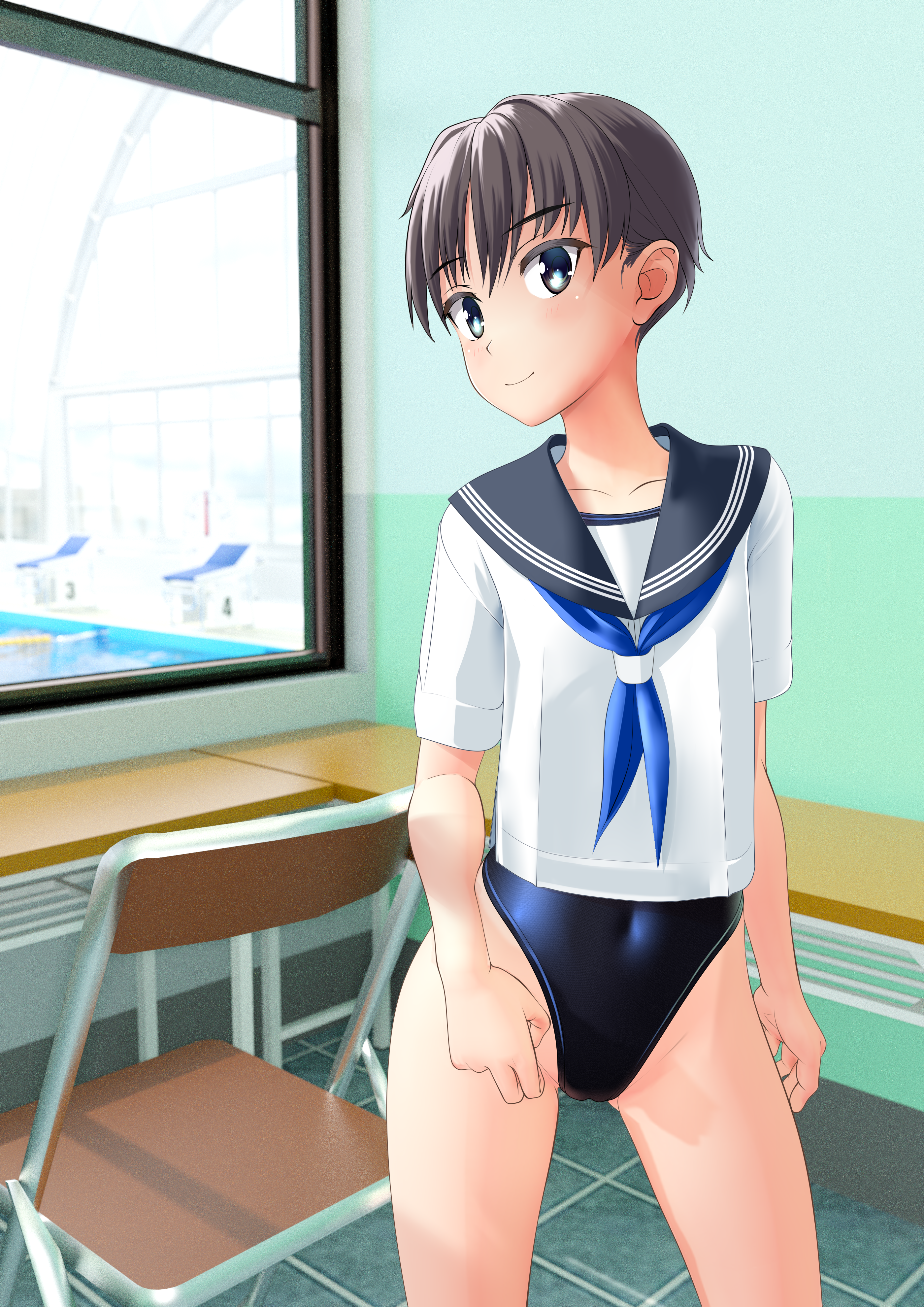 Anime 2800x3960 school uniform one-piece swimsuit anime girls