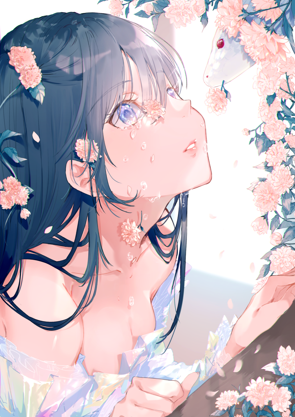 Anime 1013x1432 anime girls miwano ragu Pixiv blue eyes tears flowers flower in hair petals blue hair