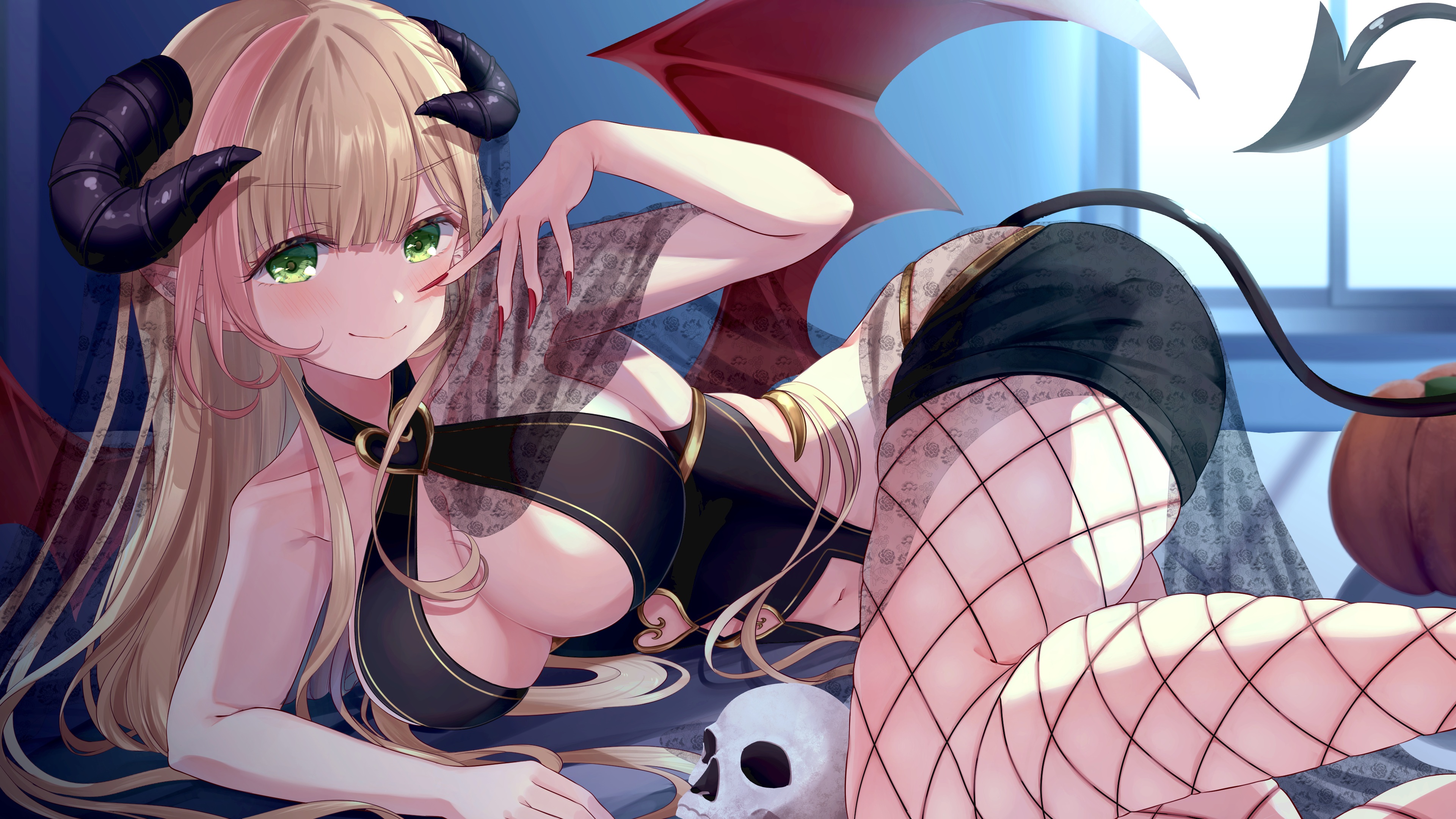 Anime 3840x2160 anime anime girls fishnet demon girls horns demon tail green eyes blonde cleavage big boobs bat wings skull pumpkin wings red nails belly button smiling