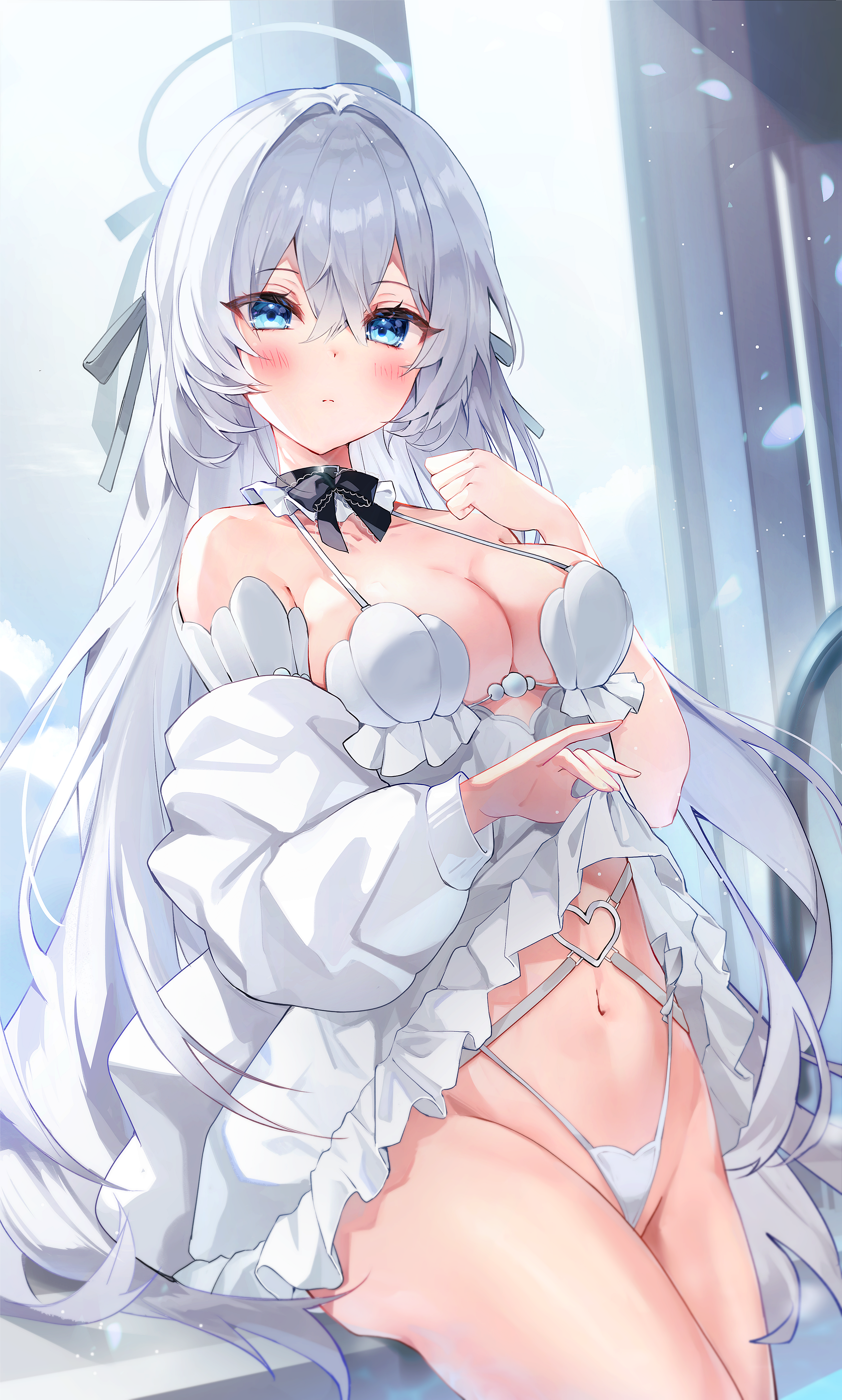 Anime 2711x4507 dress lingerie anime girls blue eyes big boobs white hair blushing bangs long hair ribbon black ribbons lifting dress white panties looking at viewer standing by the window belly belly button