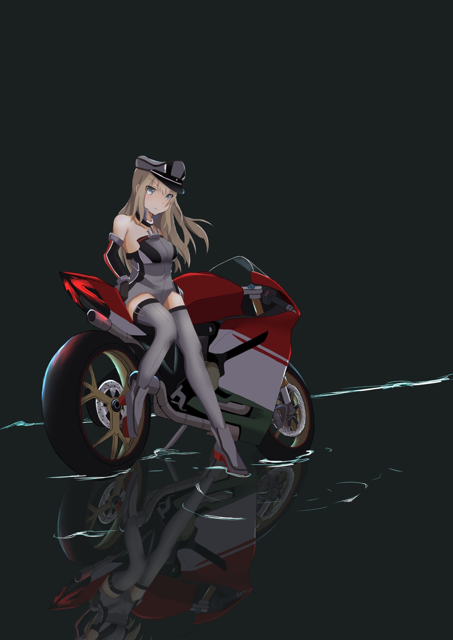 Anime 1444x2039 anime anime girls Kantai Collection Bismarck (KanColle) long hair blonde solo artwork digital art fan art motorcycle reflection
