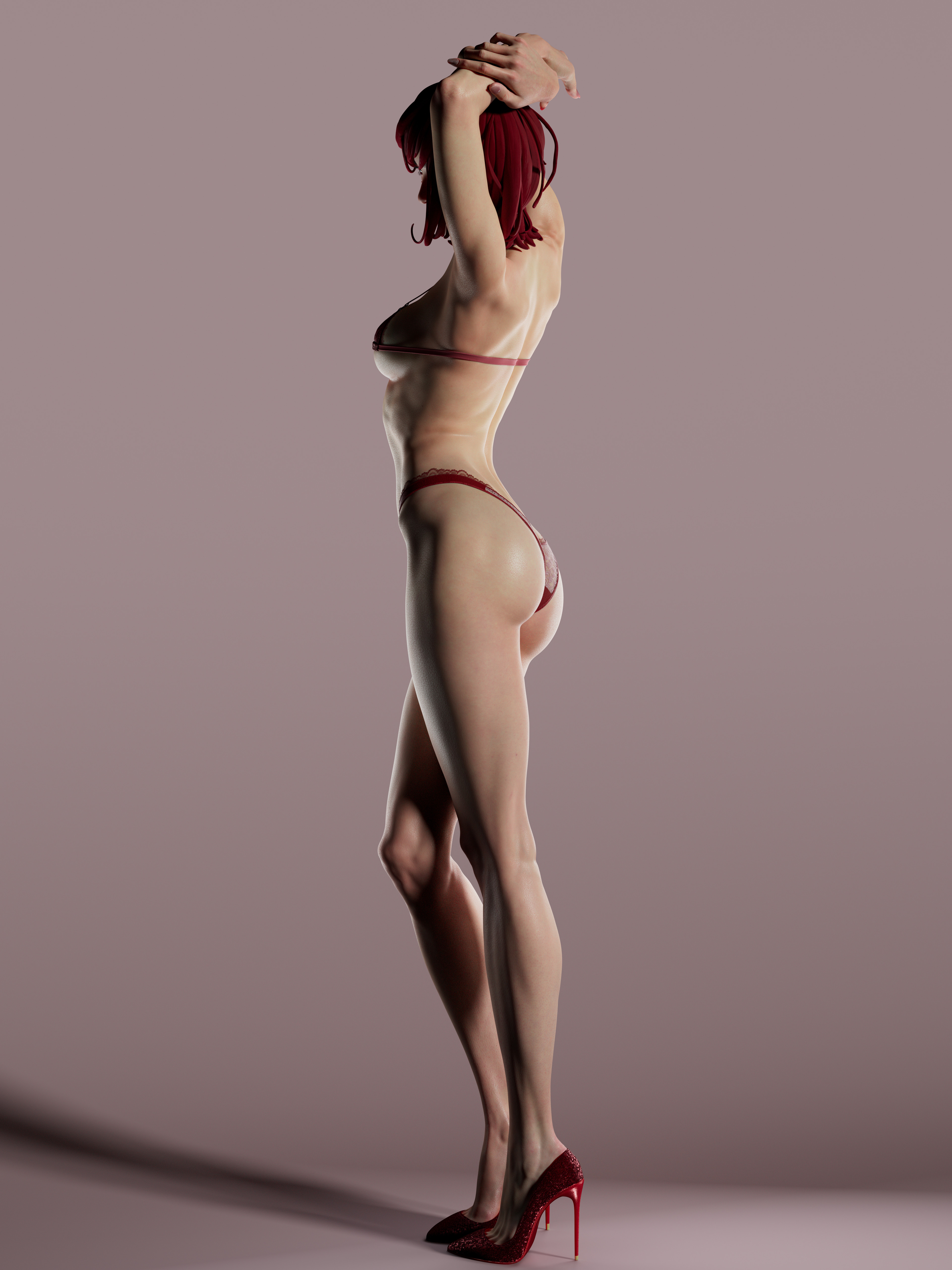 General 3840x5120 Shangkun Zhong CGI women redhead arms up bikini shadow shoes high heels simple background ass heels