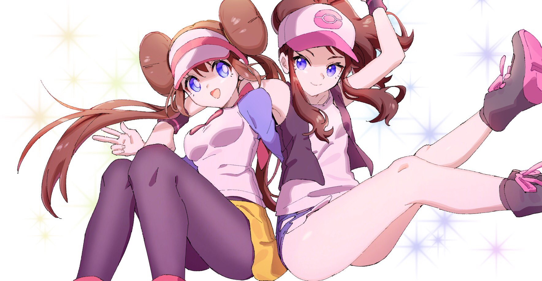 Anime 1768x918 anime anime girls Pokémon Rosa (Pokémon) Hilda (Pokémon) long hair twintails ponytail brunette two women artwork digital art fan art hat