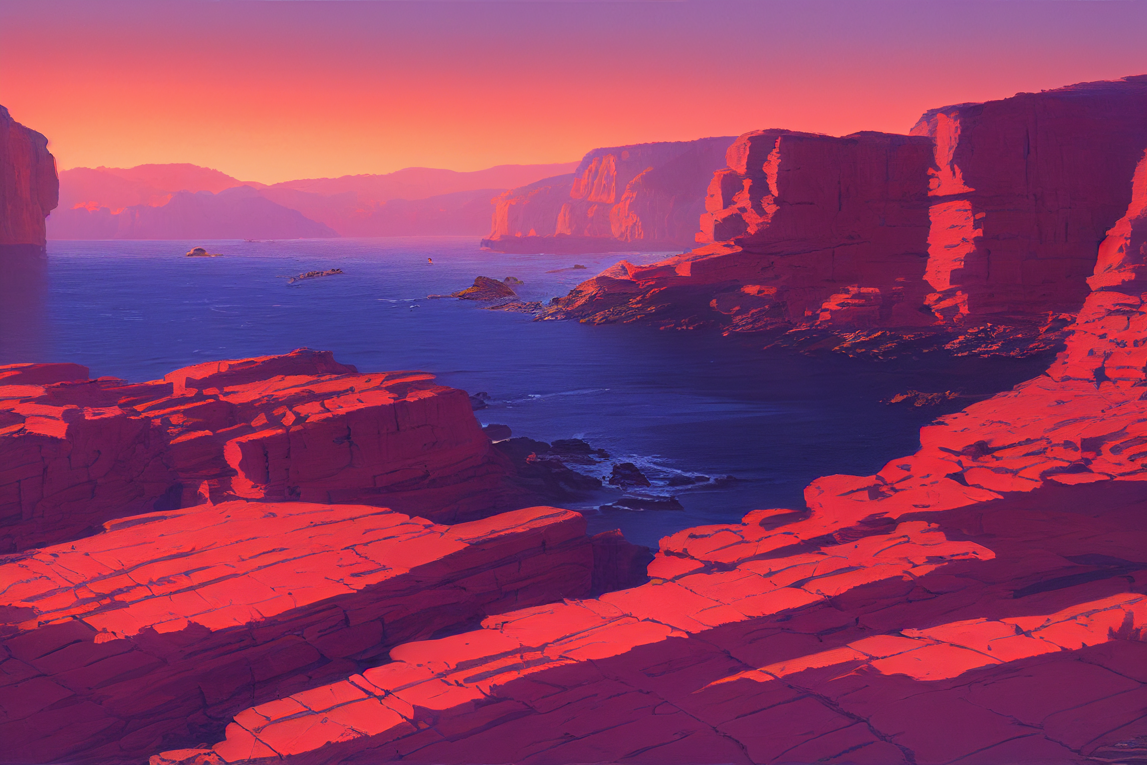 General 2304x1536 cliff sunrise water AI art