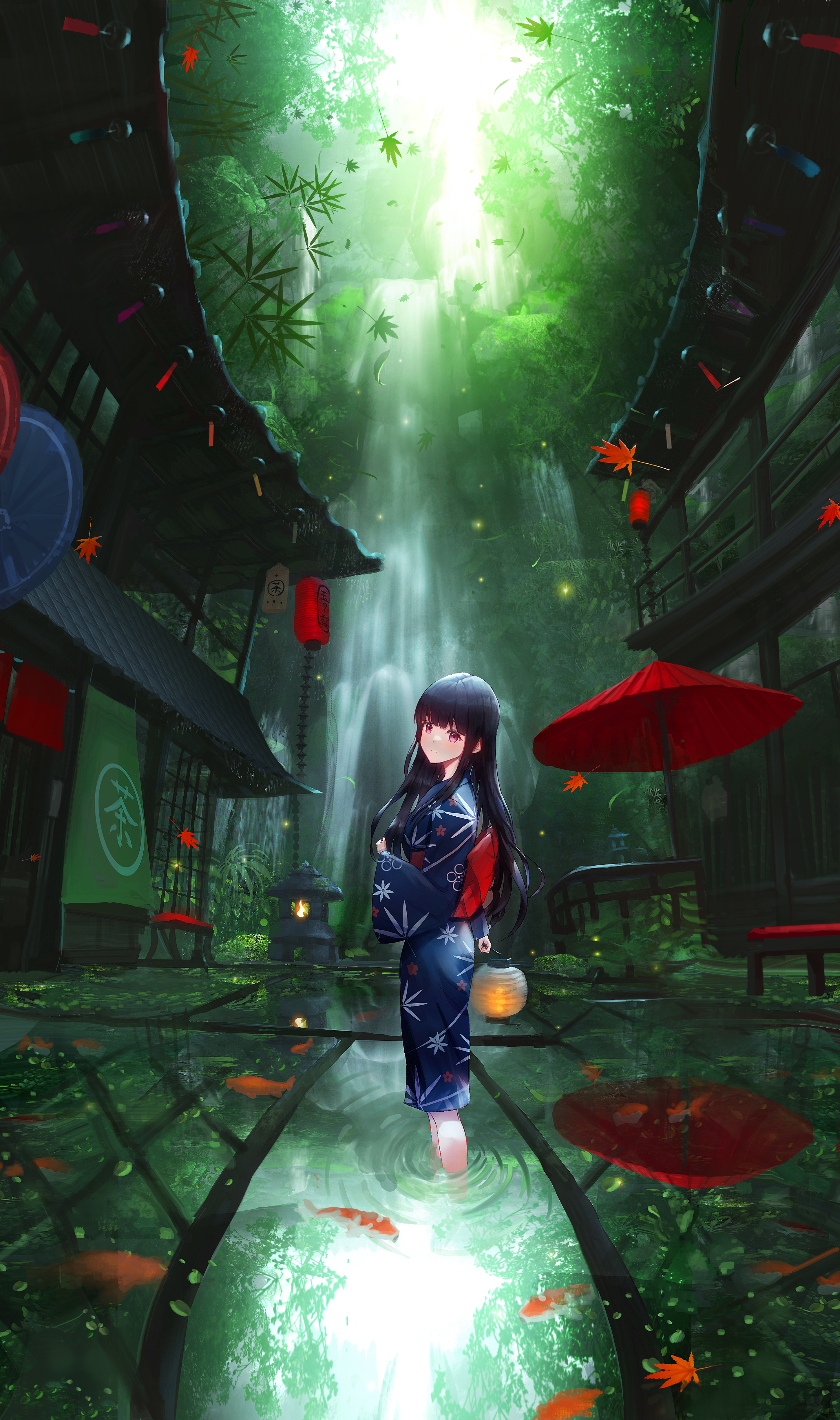 Anime 2900x4900 anime artwork anime girls umbrella leaves