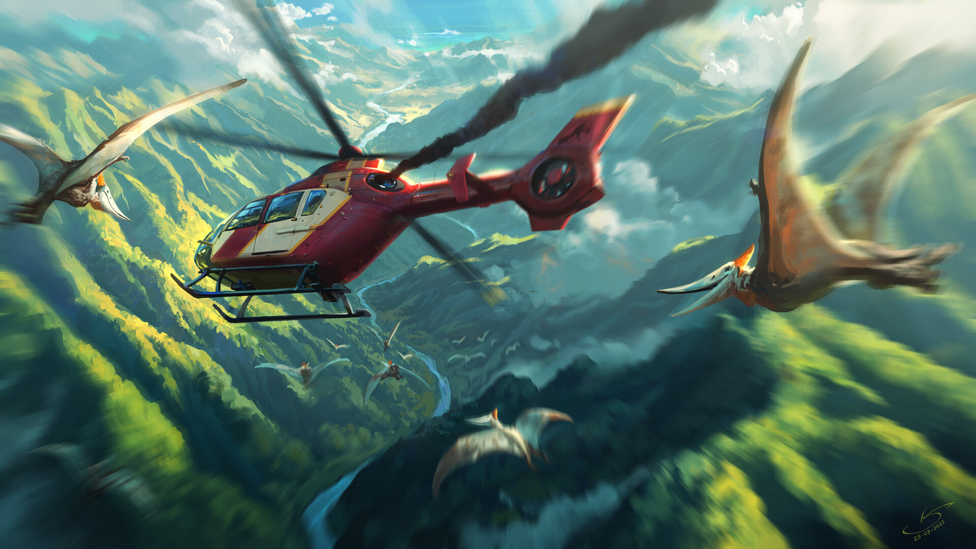 General 1920x1080 helicopters Jurassic World dinosaurs Pterodactyl river valley mountains artwork