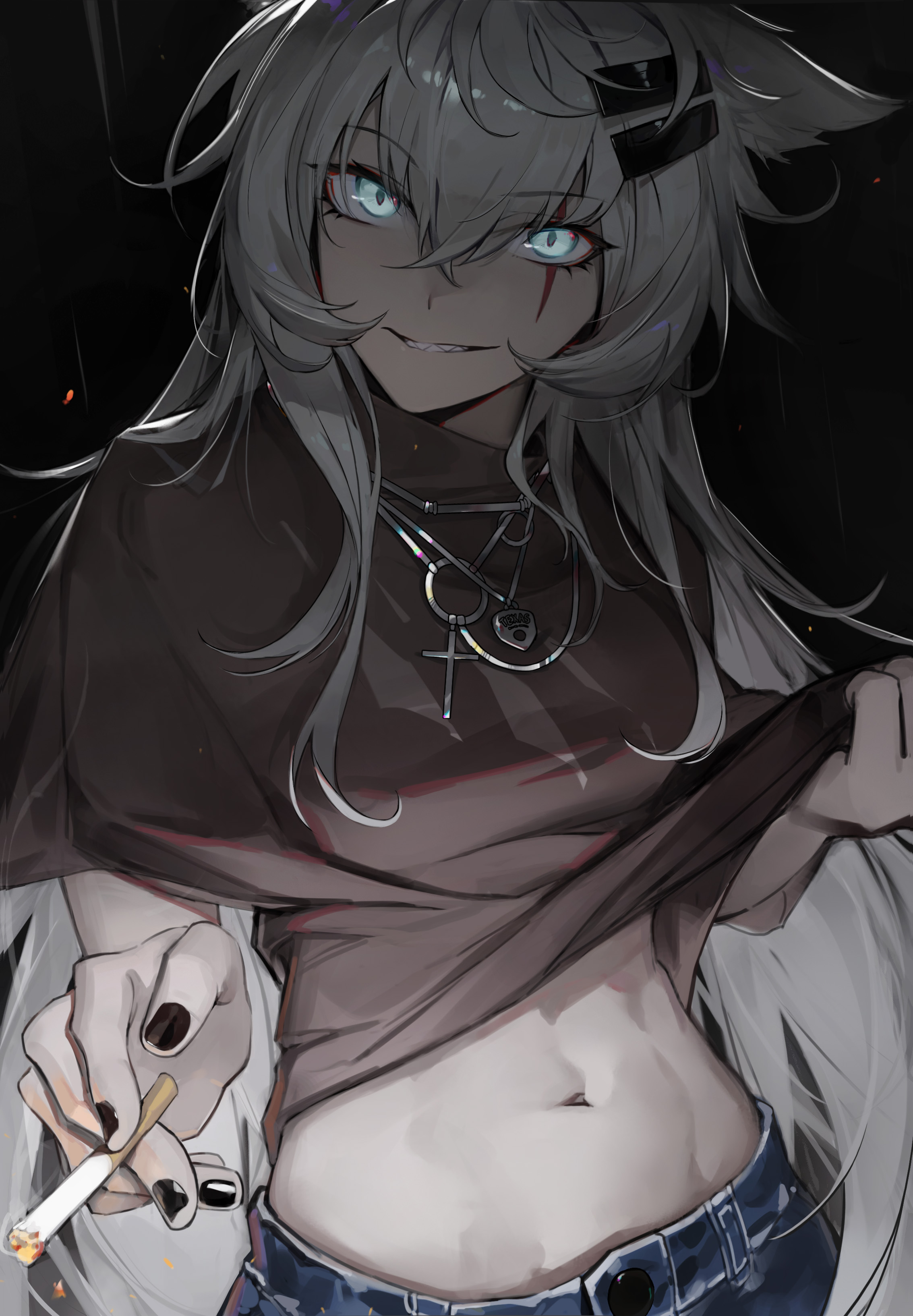 Anime 2267x3267 anime anime girls lifting shirt belly cigarettes silver hair blue eyes wolf girls Lappland (Arknights) Arknights