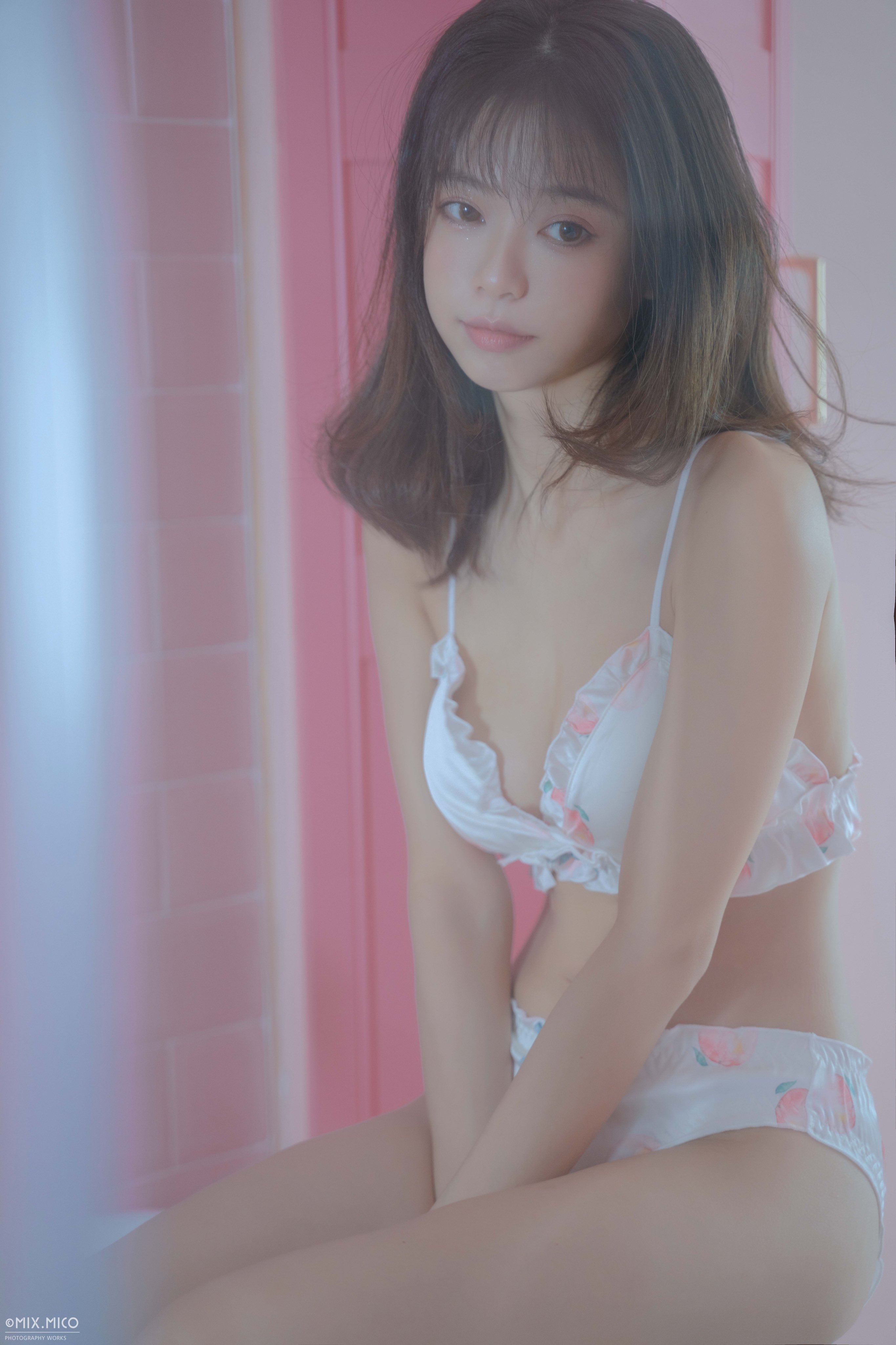 People 2730x4096 Mico women AixiLove brunette Asian lingerie bra panties blushing pink