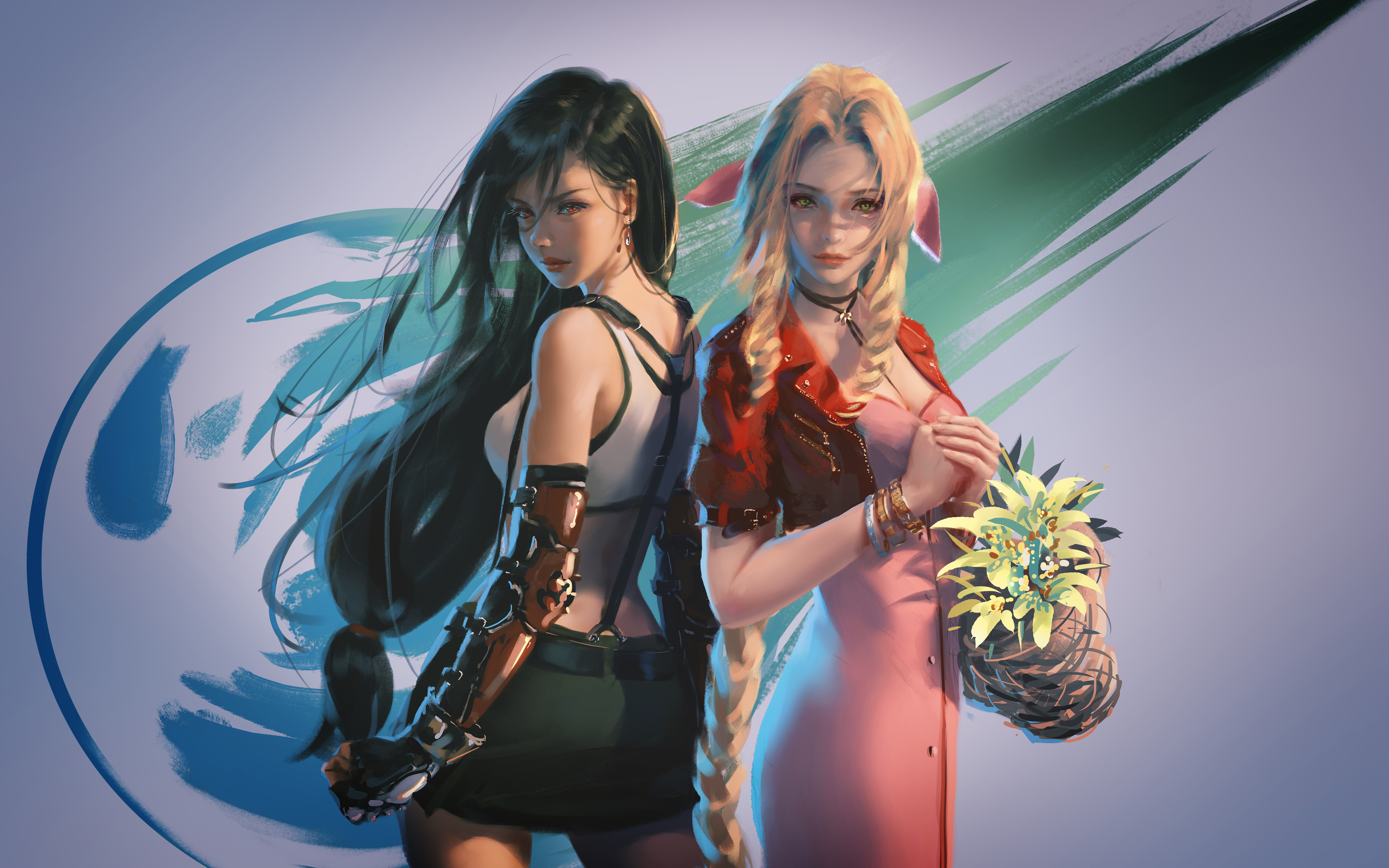 Anime 7680x4800 WLOP Final Fantasy VII Tifa Lockhart Aerith Gainsborough looking at viewer red eyes green eyes Final Fantasy VII: Remake digital art long hair video game girls video games video game characters
