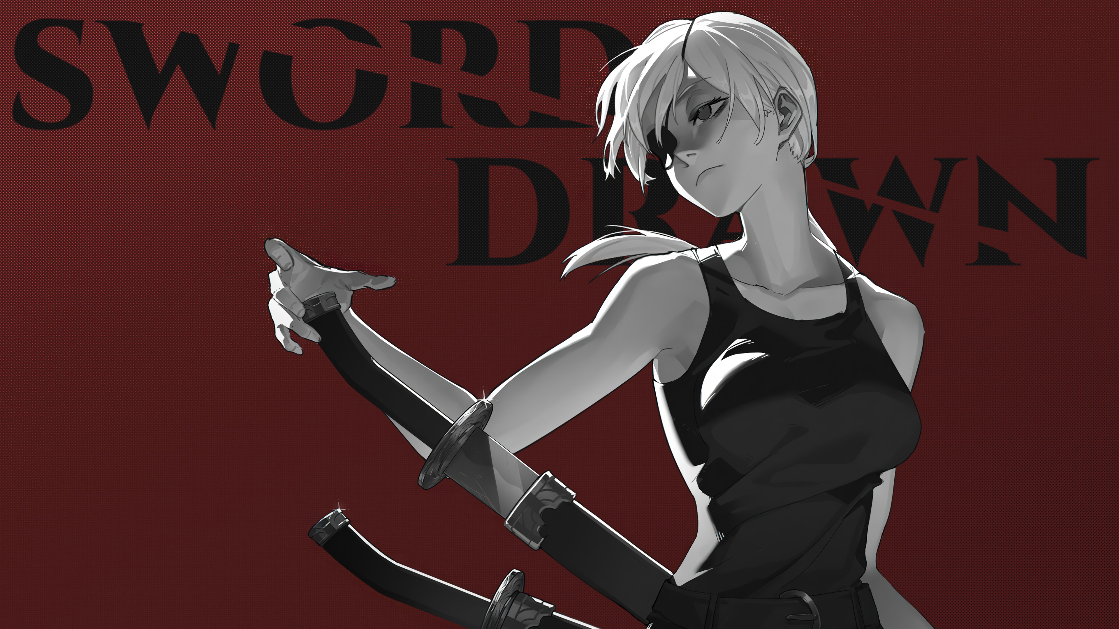 Anime 3840x2160 Chainsaw Man Quanxi (Chainsaw Man) sword maroon background tank top anime girls simple background